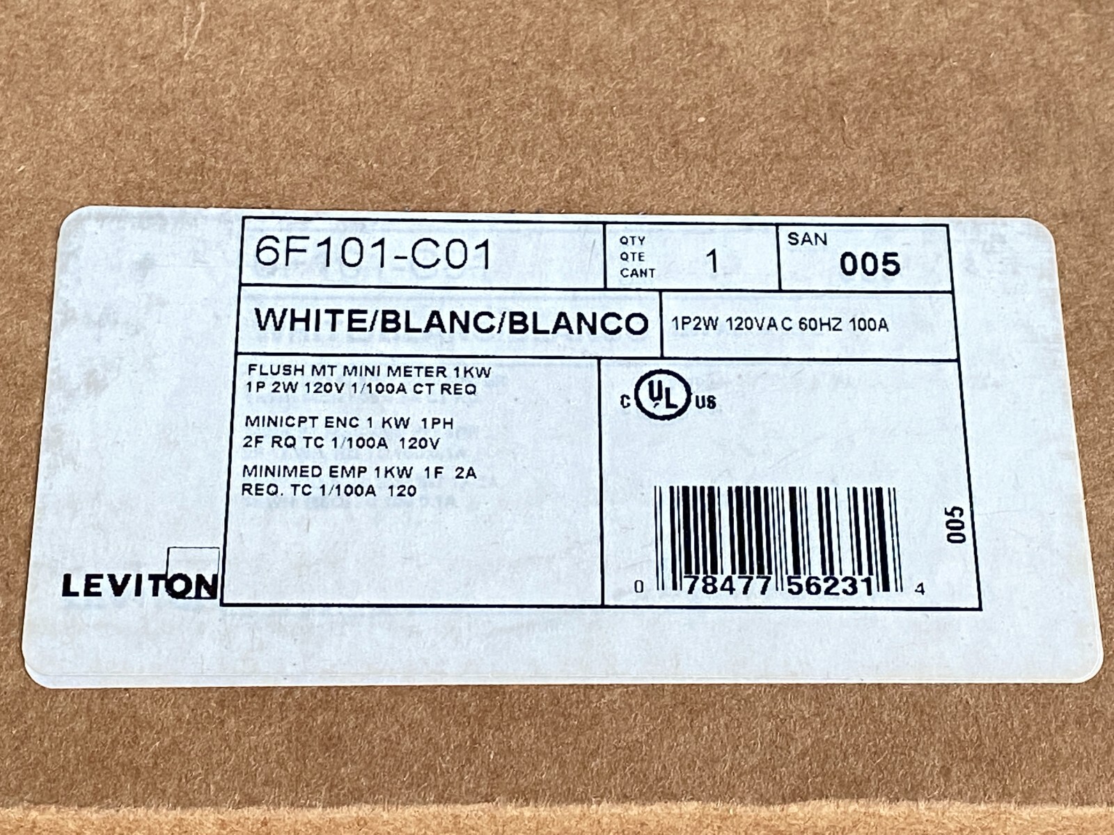 Leviton 6F101-C01 Single Element Sub-Meter in Flush Mount Enclosure, 1P/2W, 100A