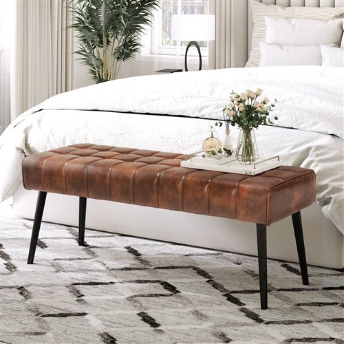 Mid-Century Modern Bedroom Bench Brown PU Leather Seat with Wood Tapered Legs
