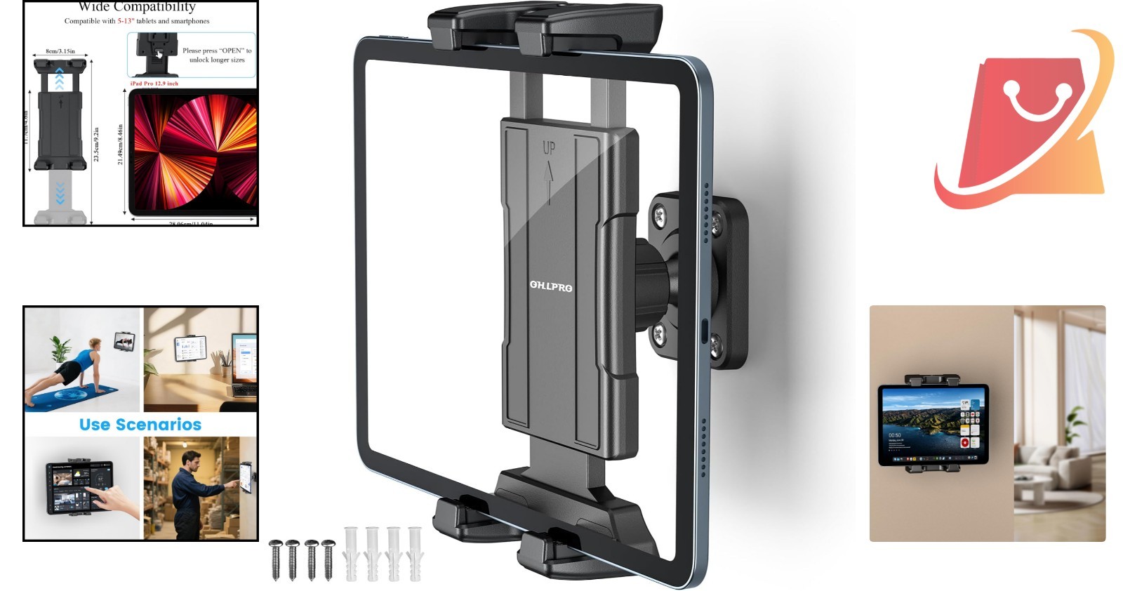 Universal Tablet Wall Mount Holder for 4.7-13 Inch Devices Adjustable 360°