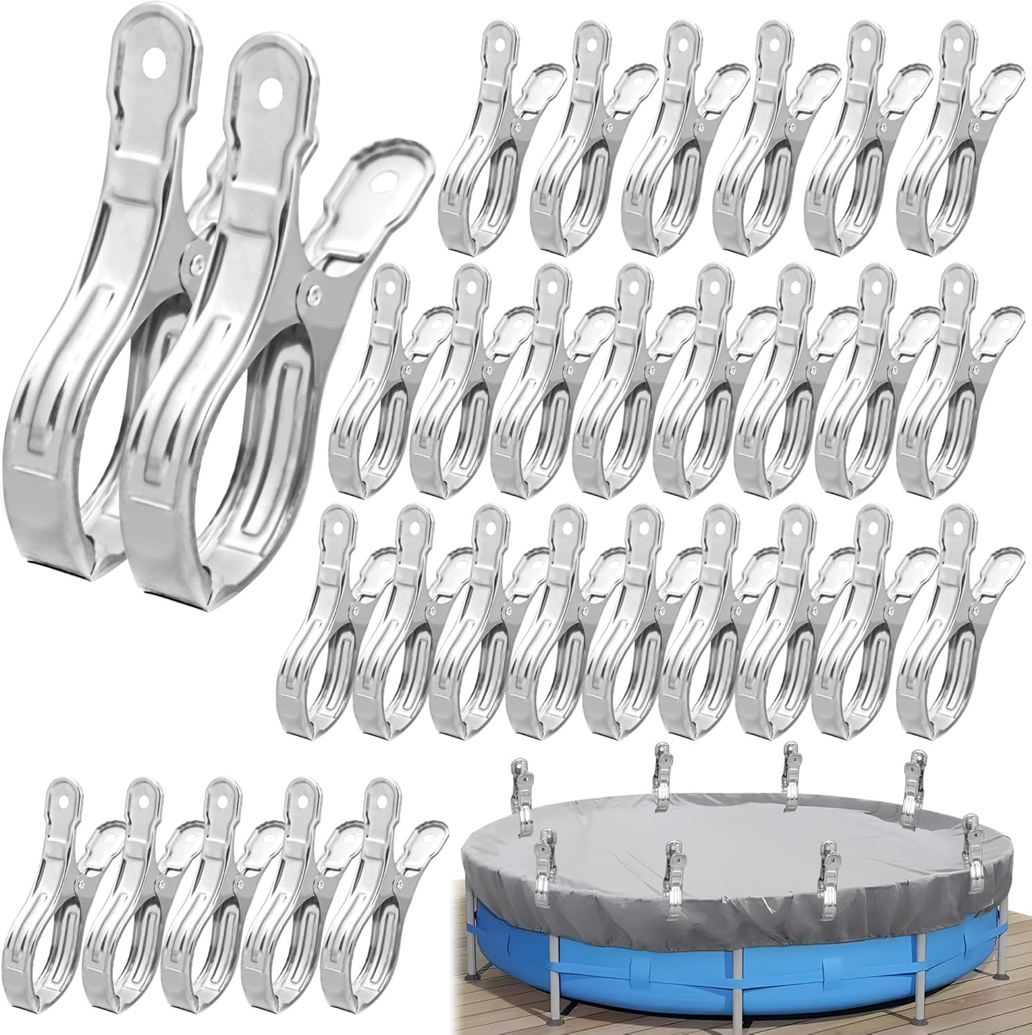 30 PCS Pool Cover Clips Stainless Steel Wind Guard Clamps 5.1 Inch Large Pool Co
