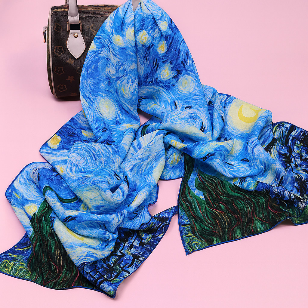 Oblong 100% Charmeuse Silk Scarf Van Gogh "The Starry Night" Oil Painting Light