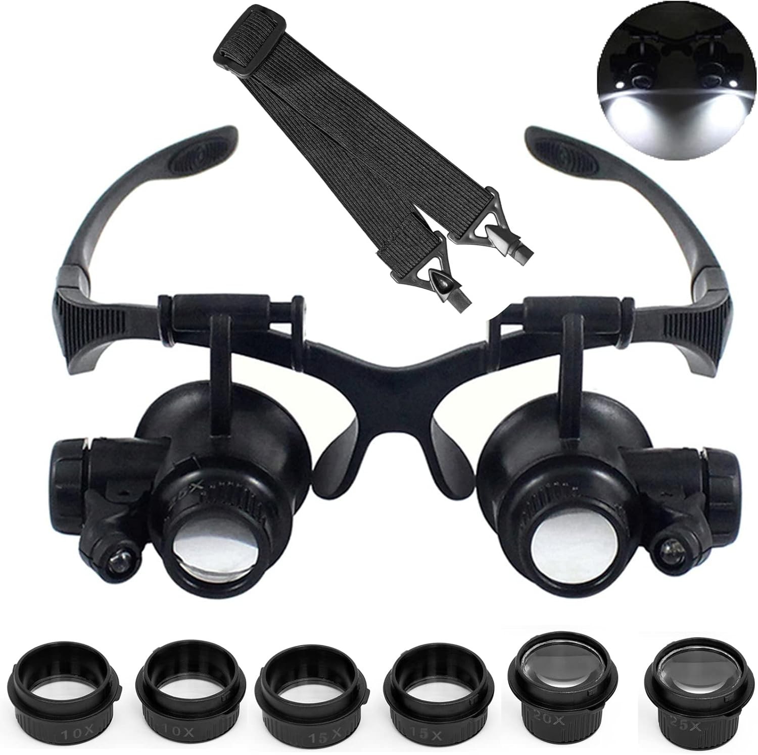Gafas Con Lupa De Aumentos 10X 15X 20X 25X Luz LED Reparaciones Joyas Relojeros