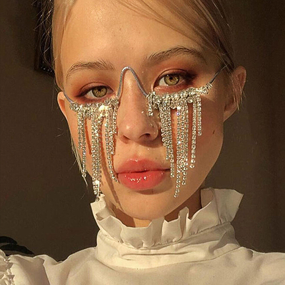 Hot Lady Eyes Mask Frame Rhinestone Tassel Bling Fashion Street Party Face Chain