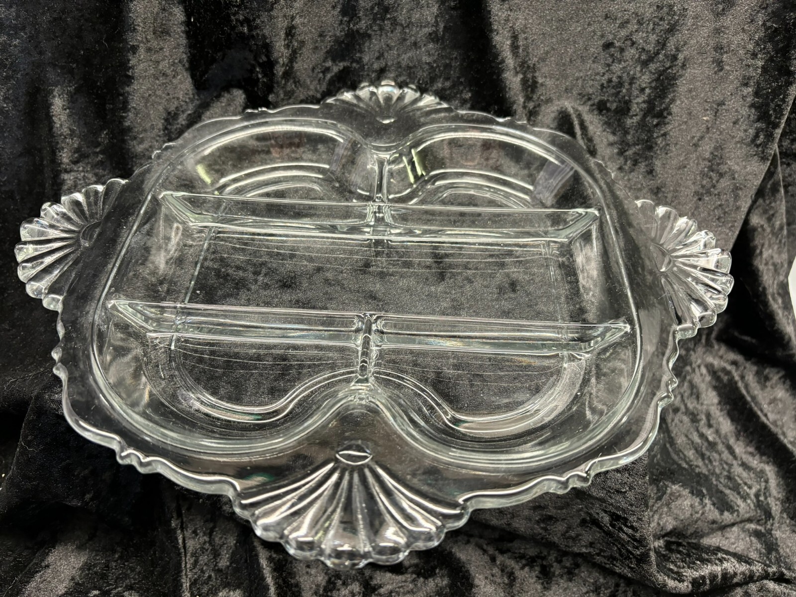Clear Glass 5 Sections 4 Fan Handles Relish Dish