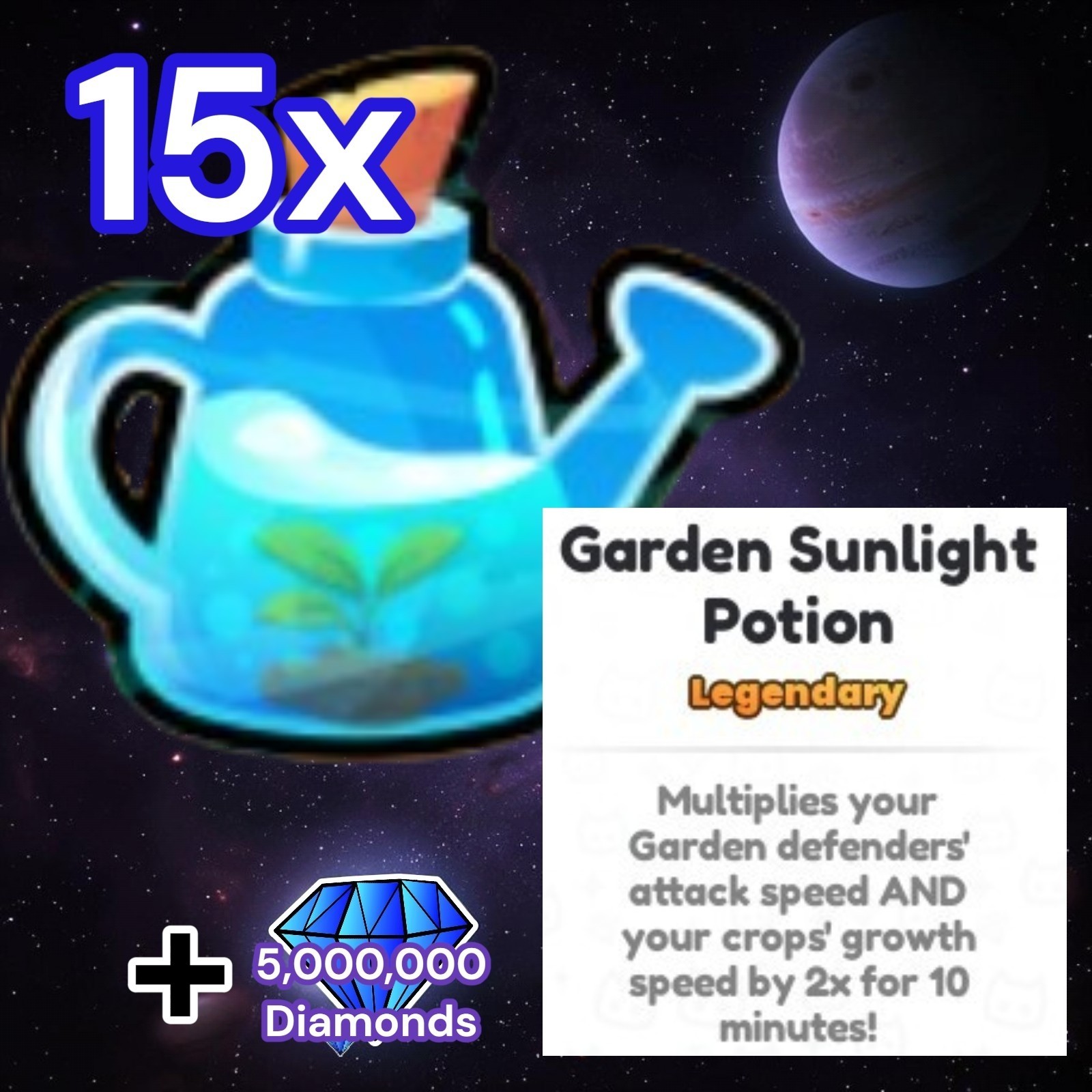 15x Garden Sunlight Potion I (Pets vs Coins Event) + 5m Diamonds. PS99