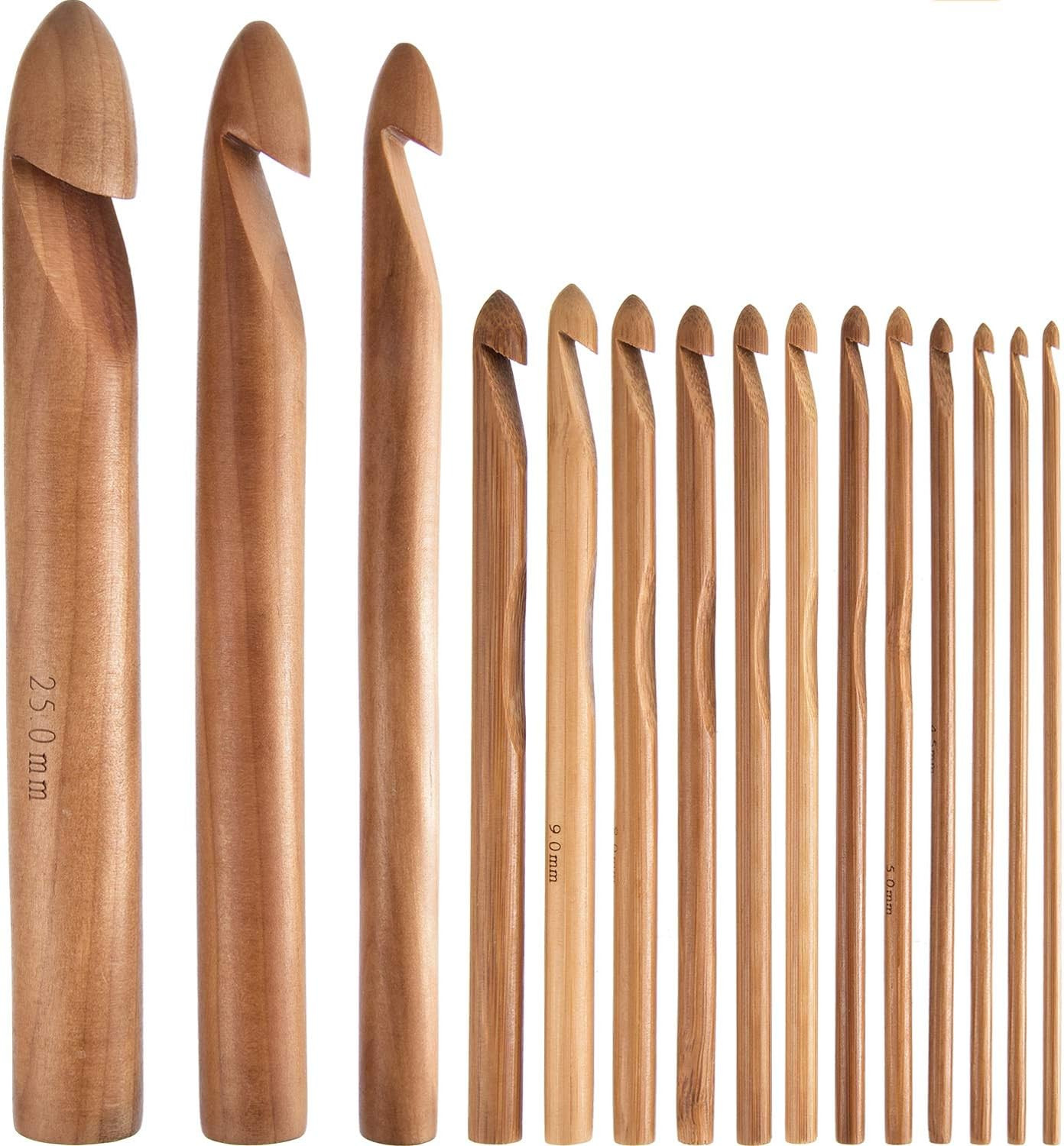 15 Pieces Wooden Bamboo Crochet Hooks Set 3 to 25 Mm in Diameters Handcrafted Kn