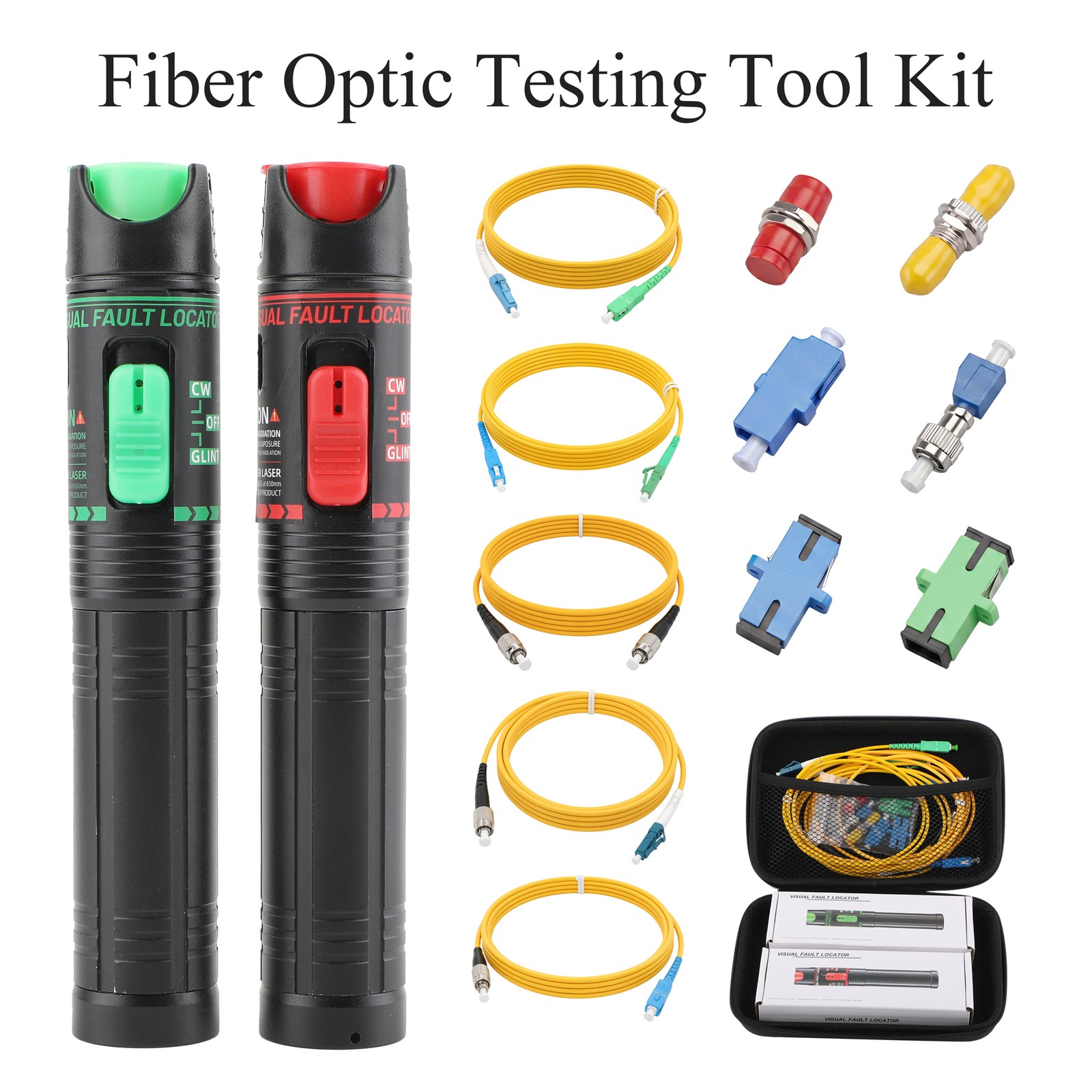13PCS Fiber Cable Test Kit Visual Fault Lacator Red/Green Light with Adapter