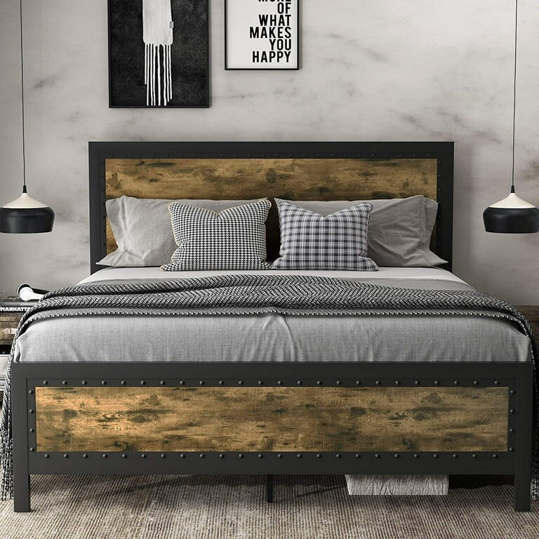 High Quality Metal Bed Frame with Wood Finish (Flecked or Striped) - Full
