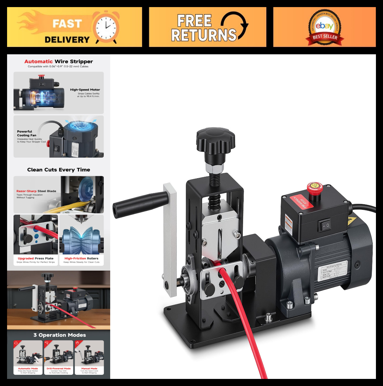 Electric Wire Stripper Machine for 0.06"-0.9" Copper Wires, 3 Modes, Hand Crank
