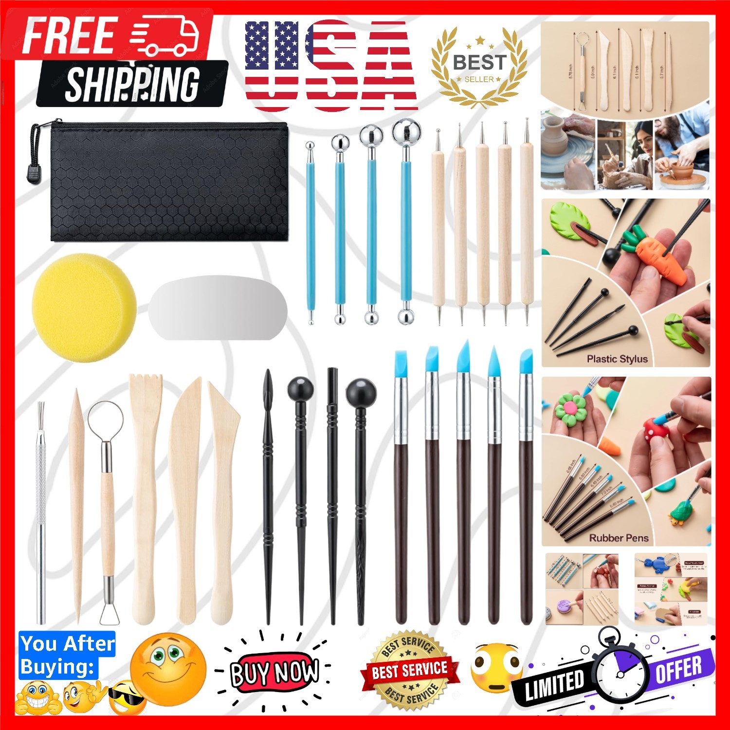 Clay Tools Kit, 27 PCS Pottery Tools, Practical Polymer Clay Sculpting Tools ...