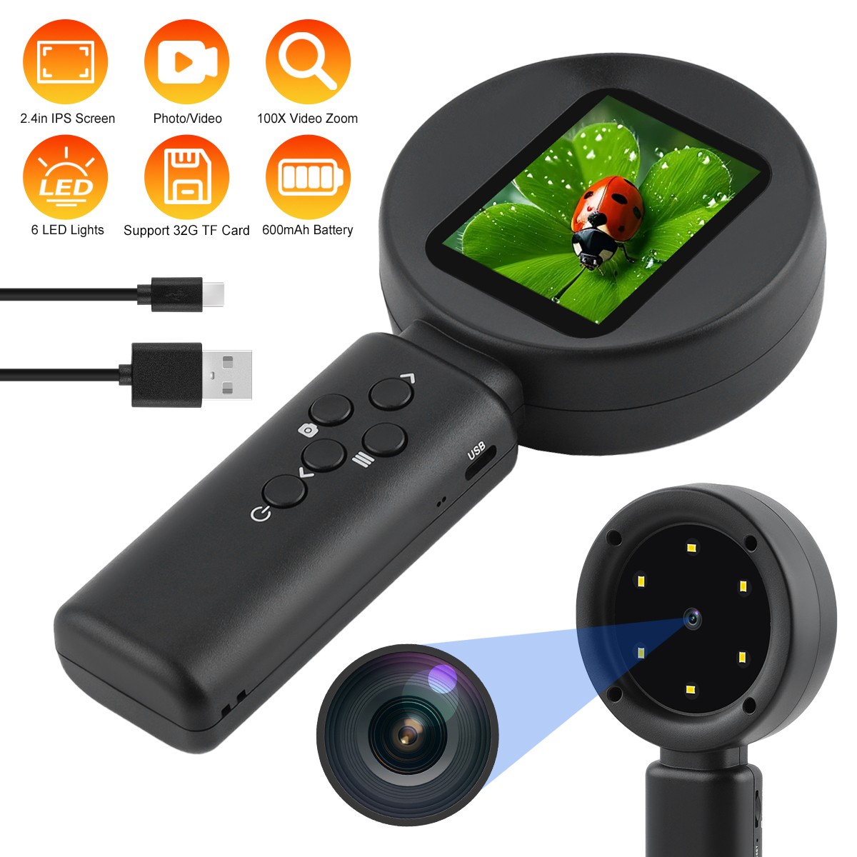 100X Digital Microscope 1080P 2.4" Video Coin Microscop with Magnifying Glass