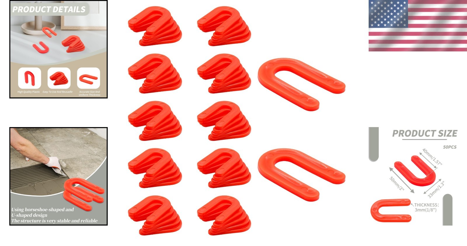 Efficient 50 Pack Red U-Shaped Tile Spacers - 1/8 Inch for Seamless Alignment