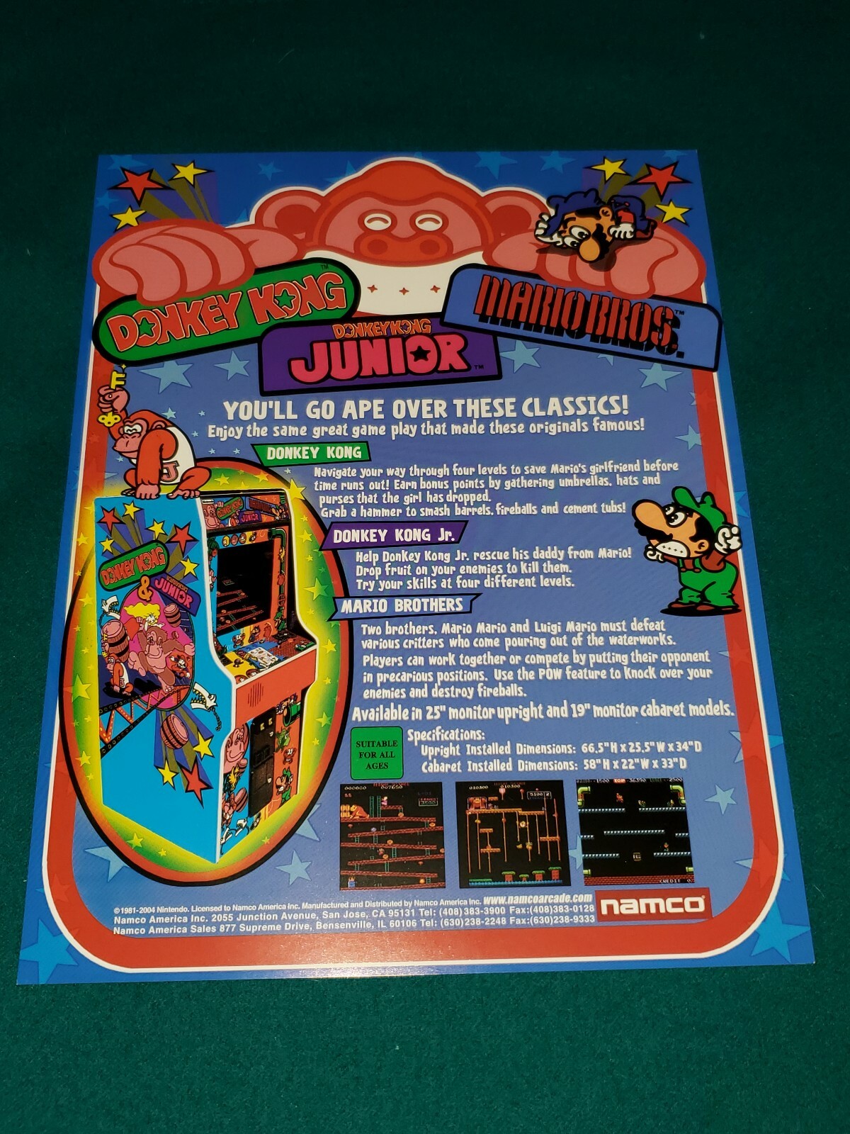 Namco DONKEY KONG, DONKEY KONG JUNIOR, & MARIO BROS FLYER ORIGINAL FREE SHIPPING