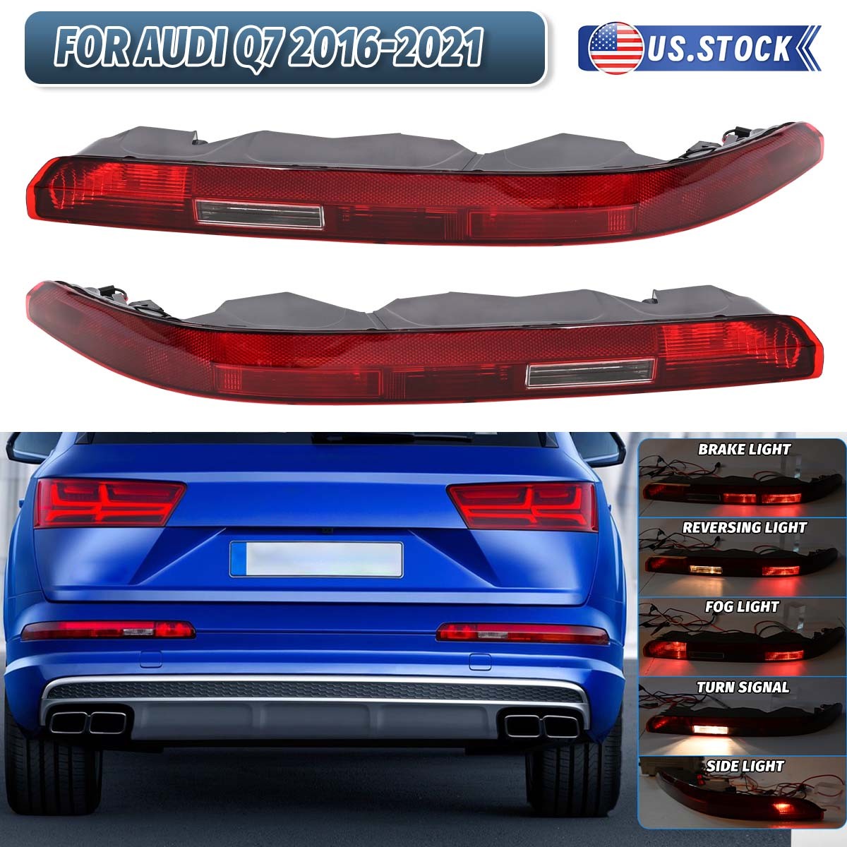 Rear Left and Right Bumper Tail Light Reflector Stop Lamp For Audi Q7 2016-2021