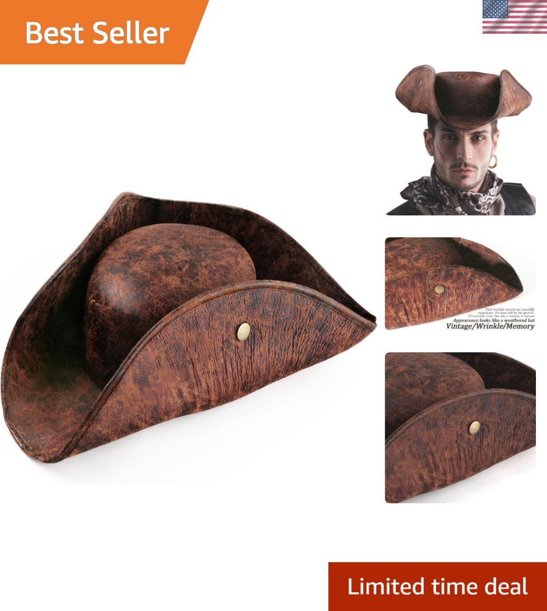 Pirate-Hat Women Tricorn Brown Pirate Men Leather Faux Leather Vintage Wrinkl...