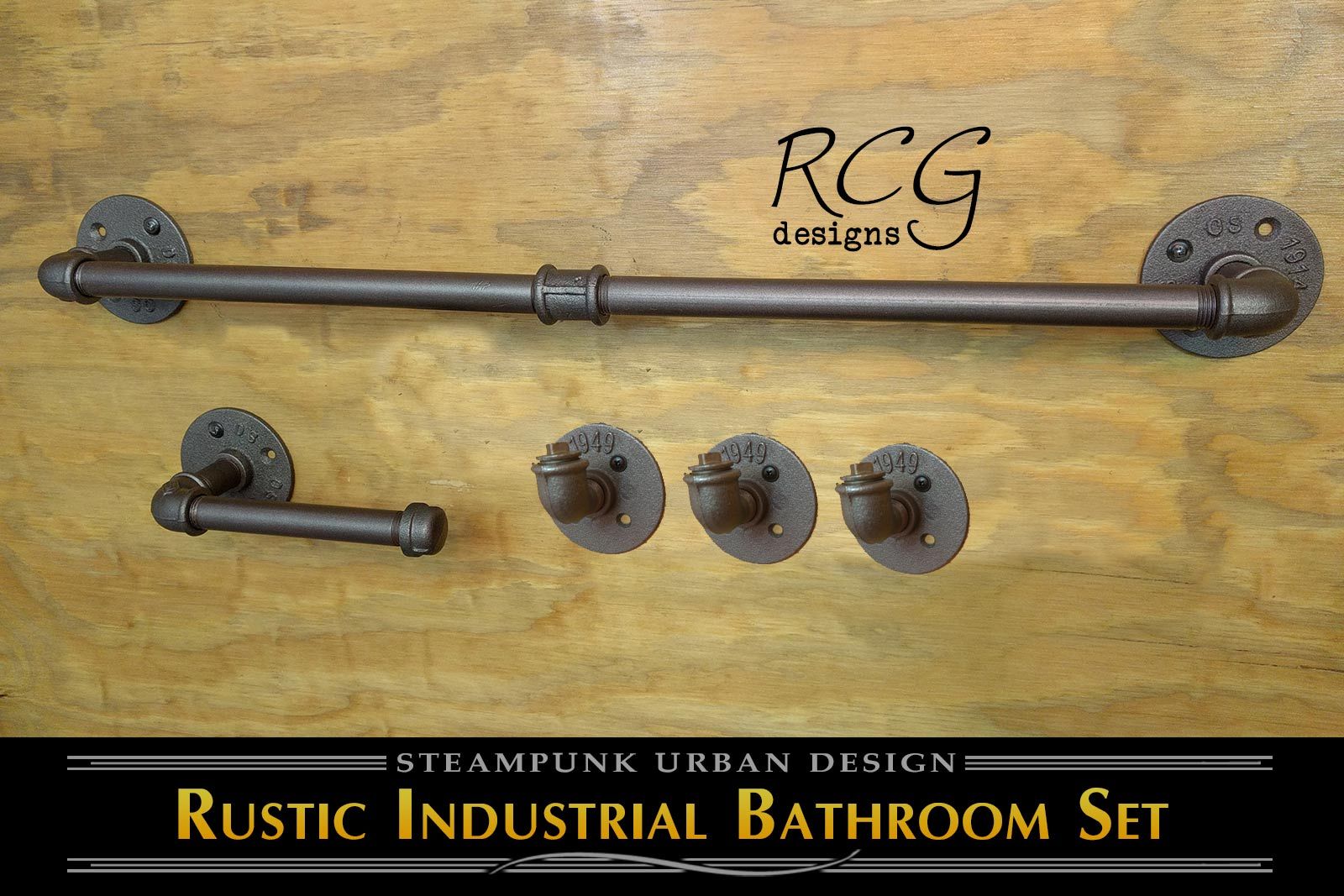 Industrial Bathroom Pipe Set C (Towel Rack, 3 Hooks, Toilet Paper Holder)