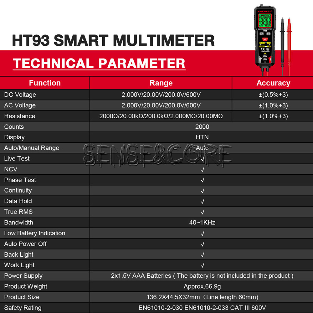 HT93 Digital Multimeter Smart Meter 2000 Counts AC Voltage NCV Tester Car Range-