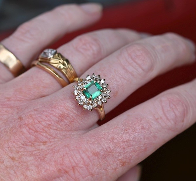 14K Solid Gold Emerald Diamond Halo Cluster Engagement Ring