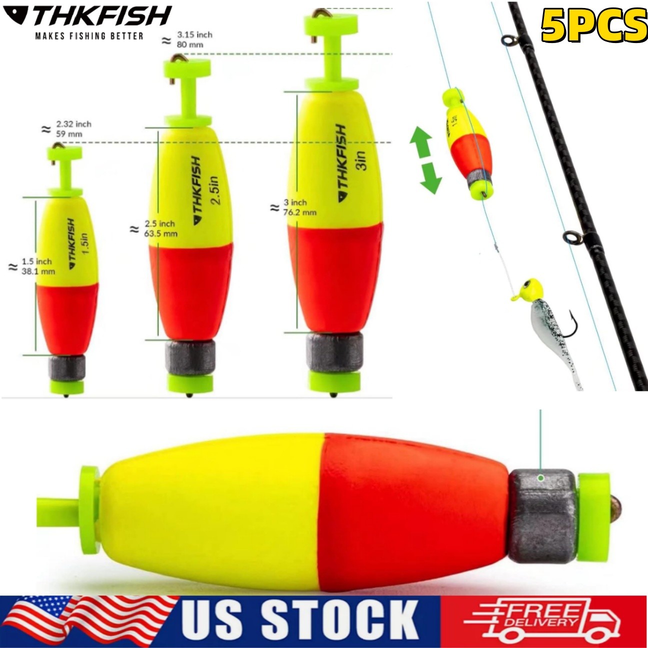 5PCS Weighted Bobbers for Fishing Floats EVA Foam Snap-on Fishing Bobbers Floats