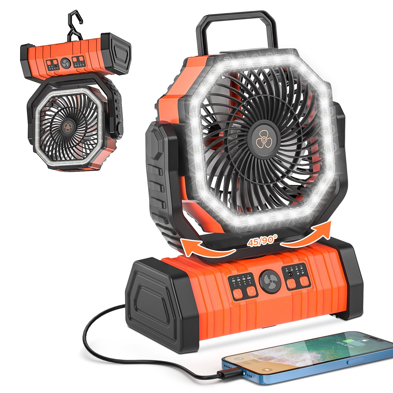 4-Speed Portable Camping Fan with Tent LED Light 72hrs Working time 360 Rotation