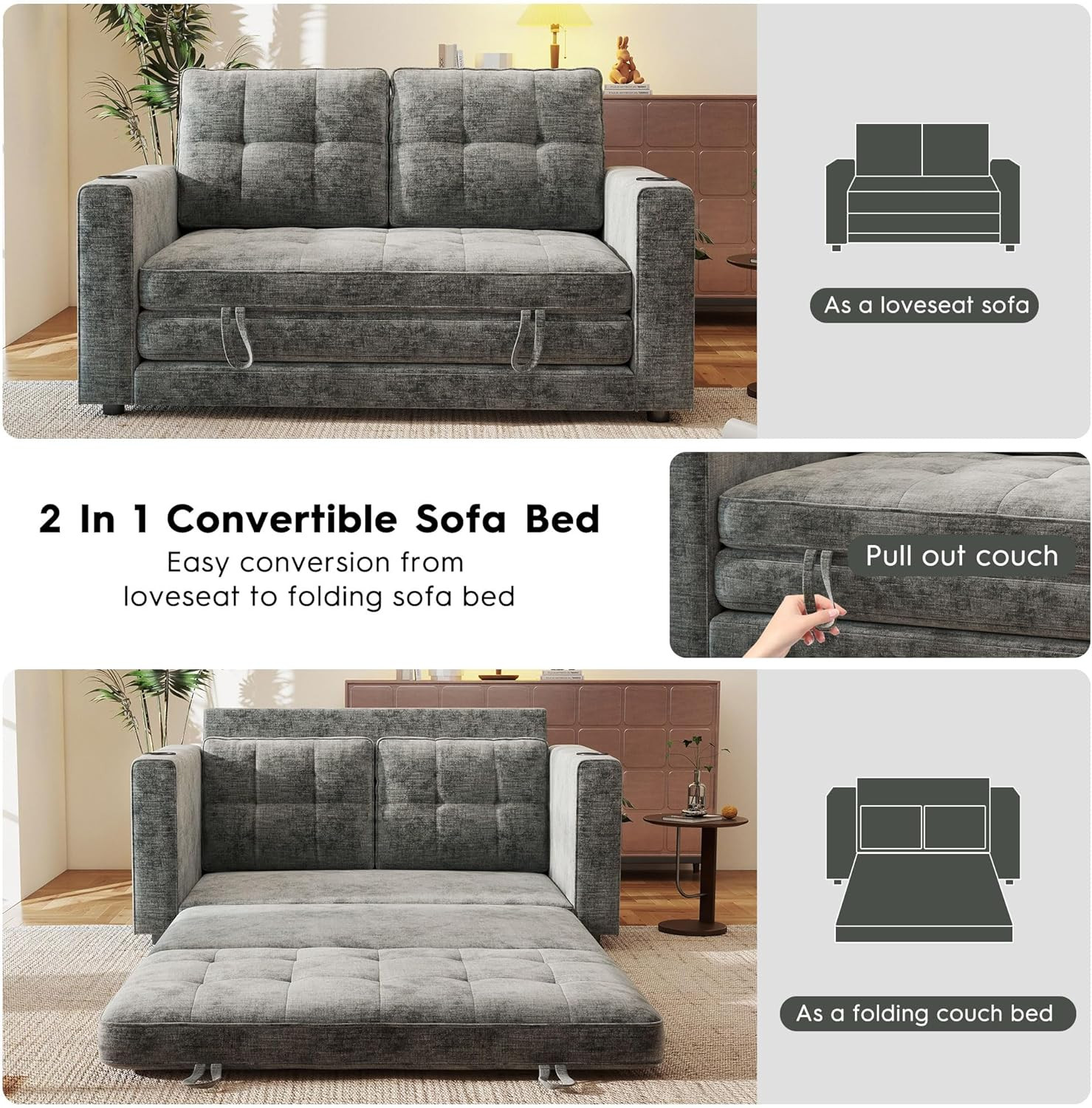 Compact 55" Grey Chenille Convertible Sofa Bed with Cup Holder & Pillow