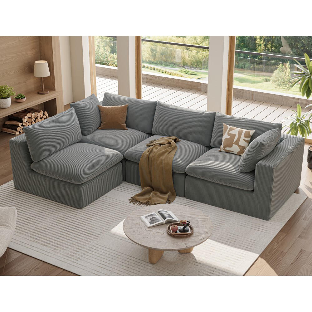 Modular Sectional Sofa w/ Corduroy Fabric, 135"L L-Shape Couch, 4-Seater Grey