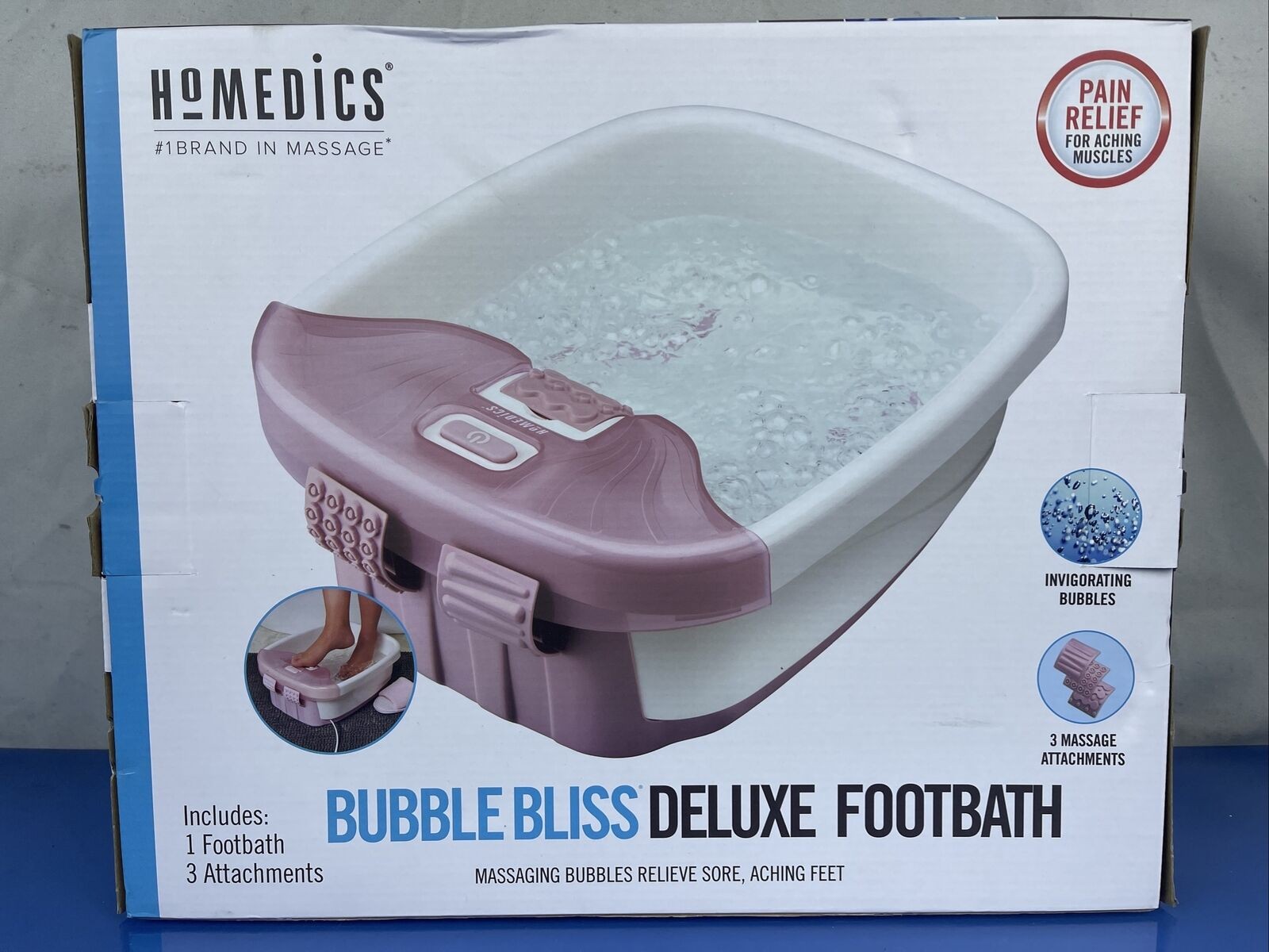 Brand New Homedics Bubble Bliss Deluxe Massaging Foot Spa 3 Attachments Pink