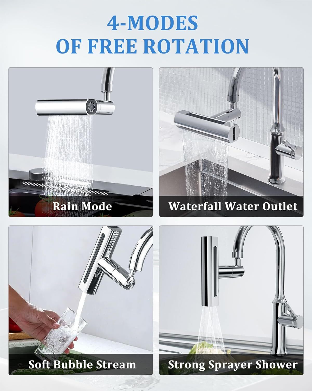 Waterfall Swivelling Kitchen Sink Faucet 360° Universal Multifunctional 4 Modes