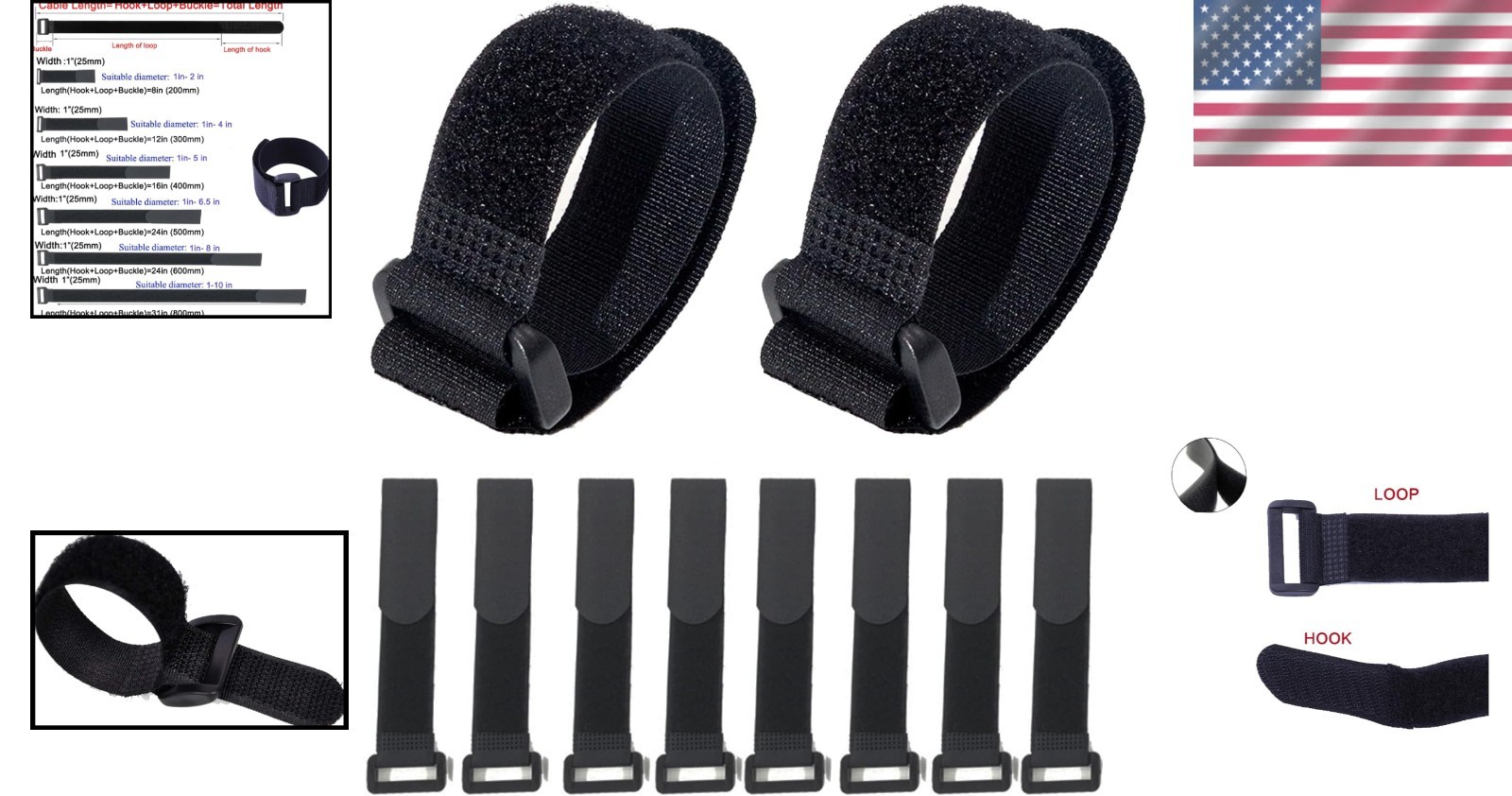 10-Pack Reusable Self-Adhesive Nylon Cable Straps - Adjustable & Tidy 1" x 8"