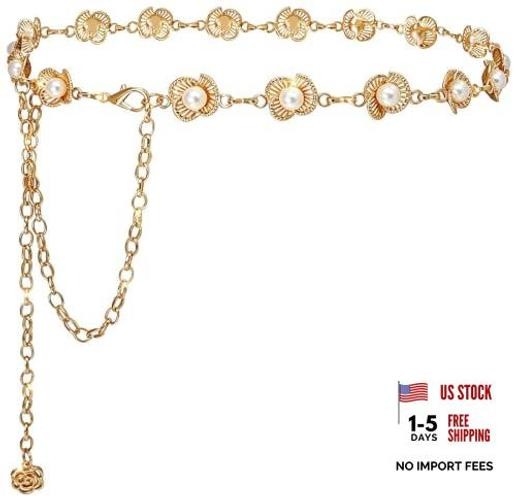 Women’s Metal Waist Chain Adjustable Gold Silver M: 120cm/47" Flower Pearl Gold