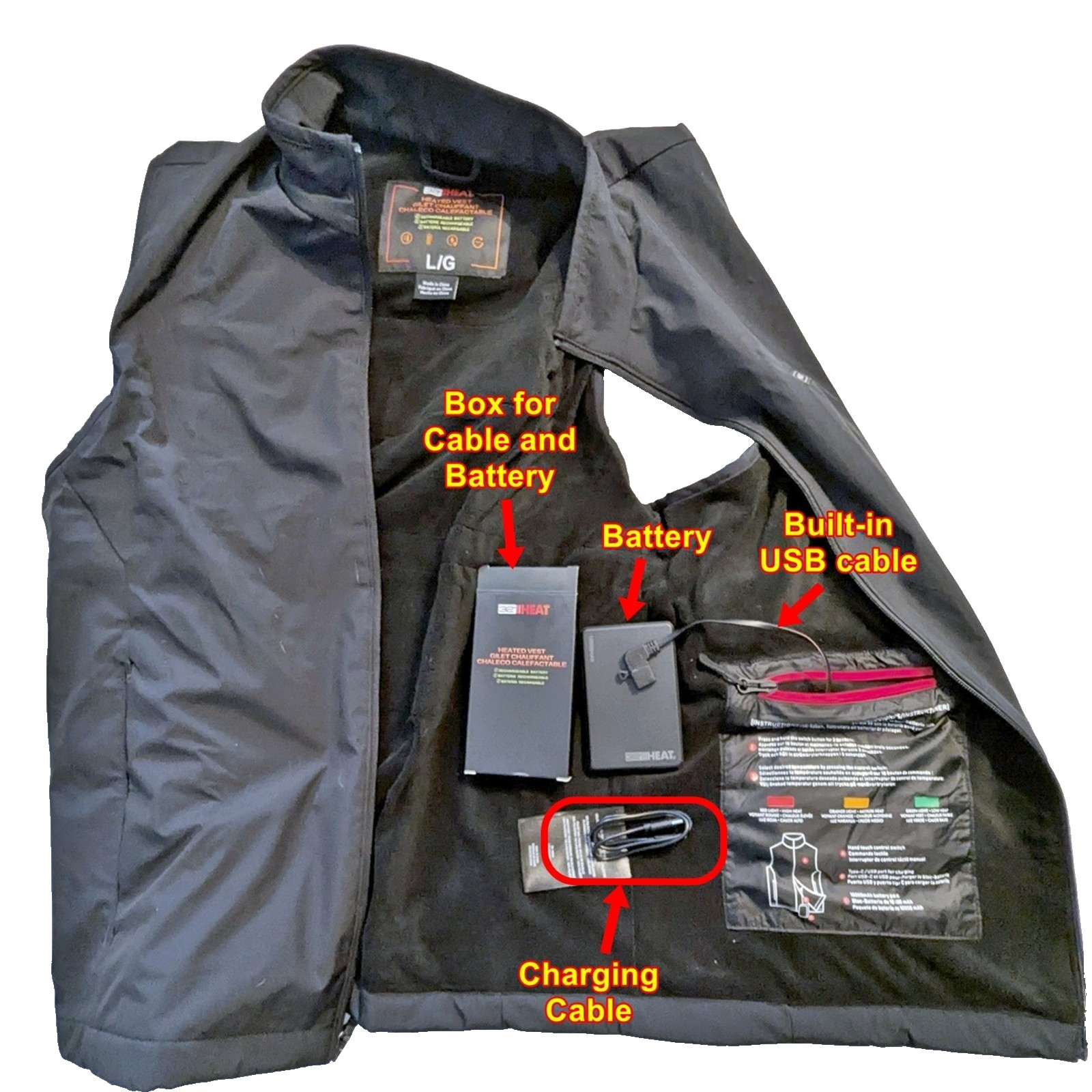 32 Degrees Heated Vest, Mens LARGE, 22 Left, Black, Rechargeable Battery, New