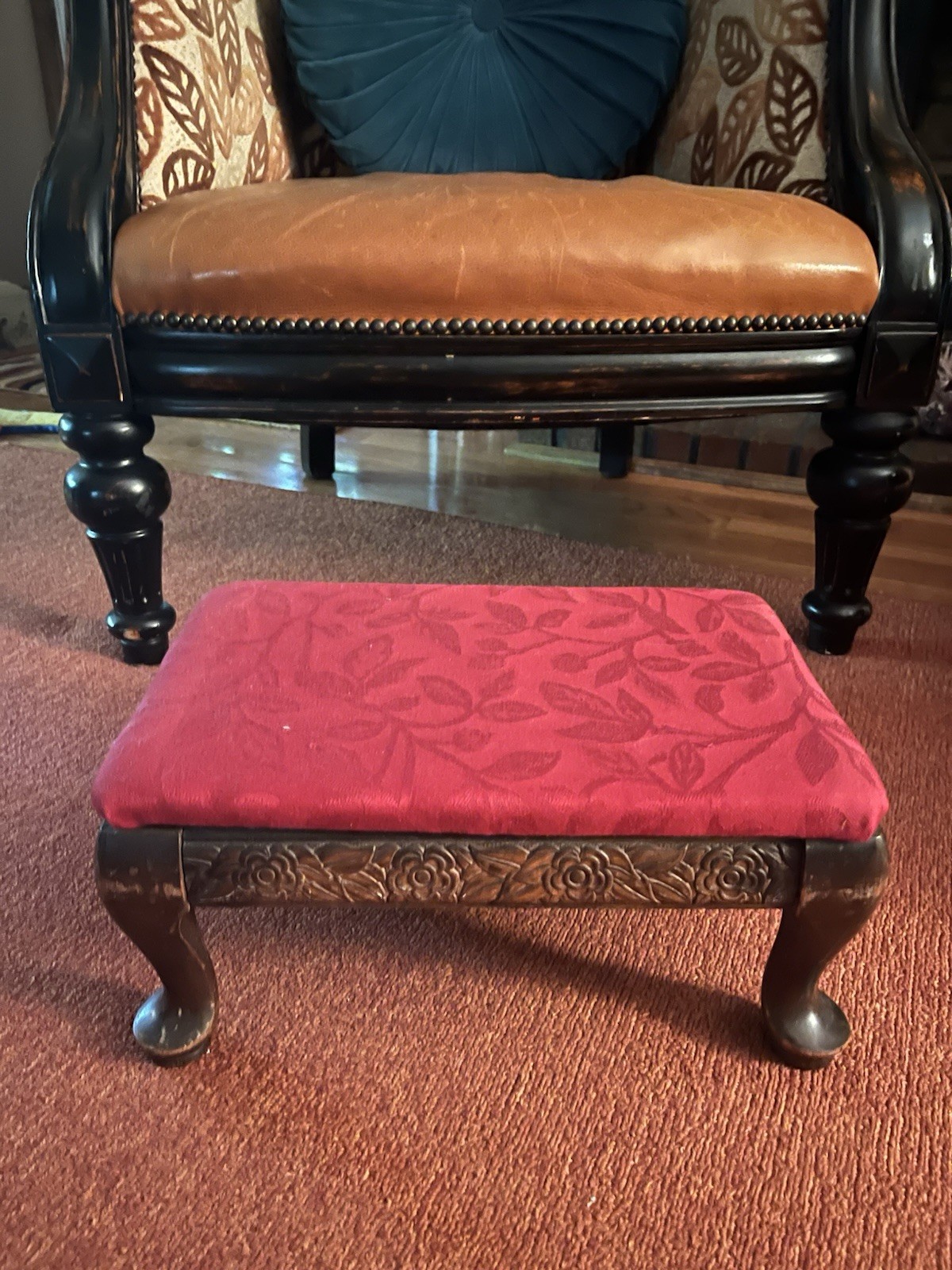Vintage Red Queen Anne Style Footstool Antique Fabric Covered  Handsome!