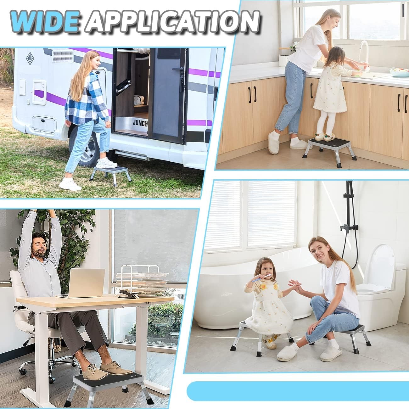 3 Levels Adjustable Folding Step 3 Height 7/8/9", Gray/Black