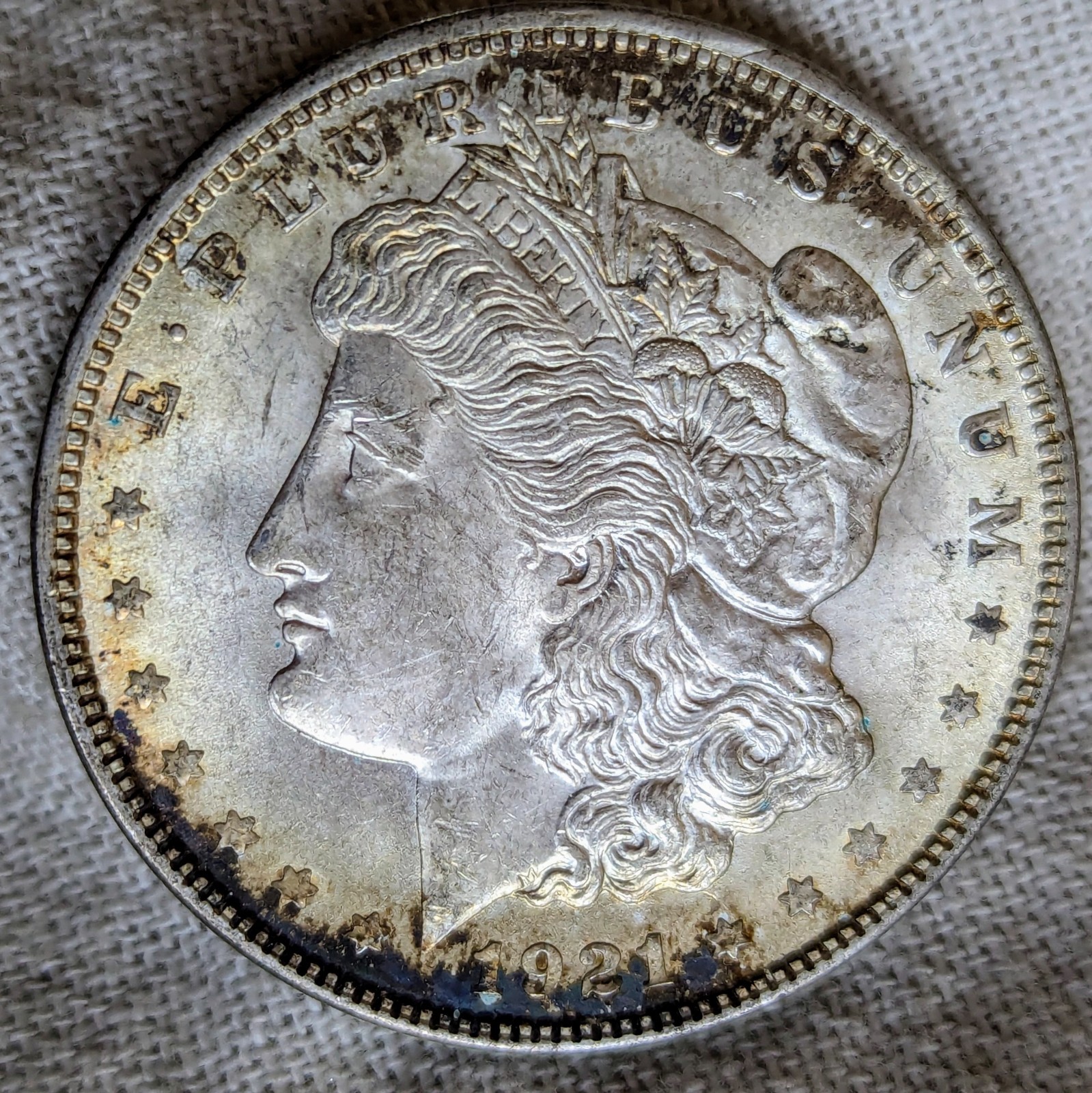1921 Morgan Dollar UNC BU MS : Toned, Lustrous, Uncirculated - .9 Fine Silver