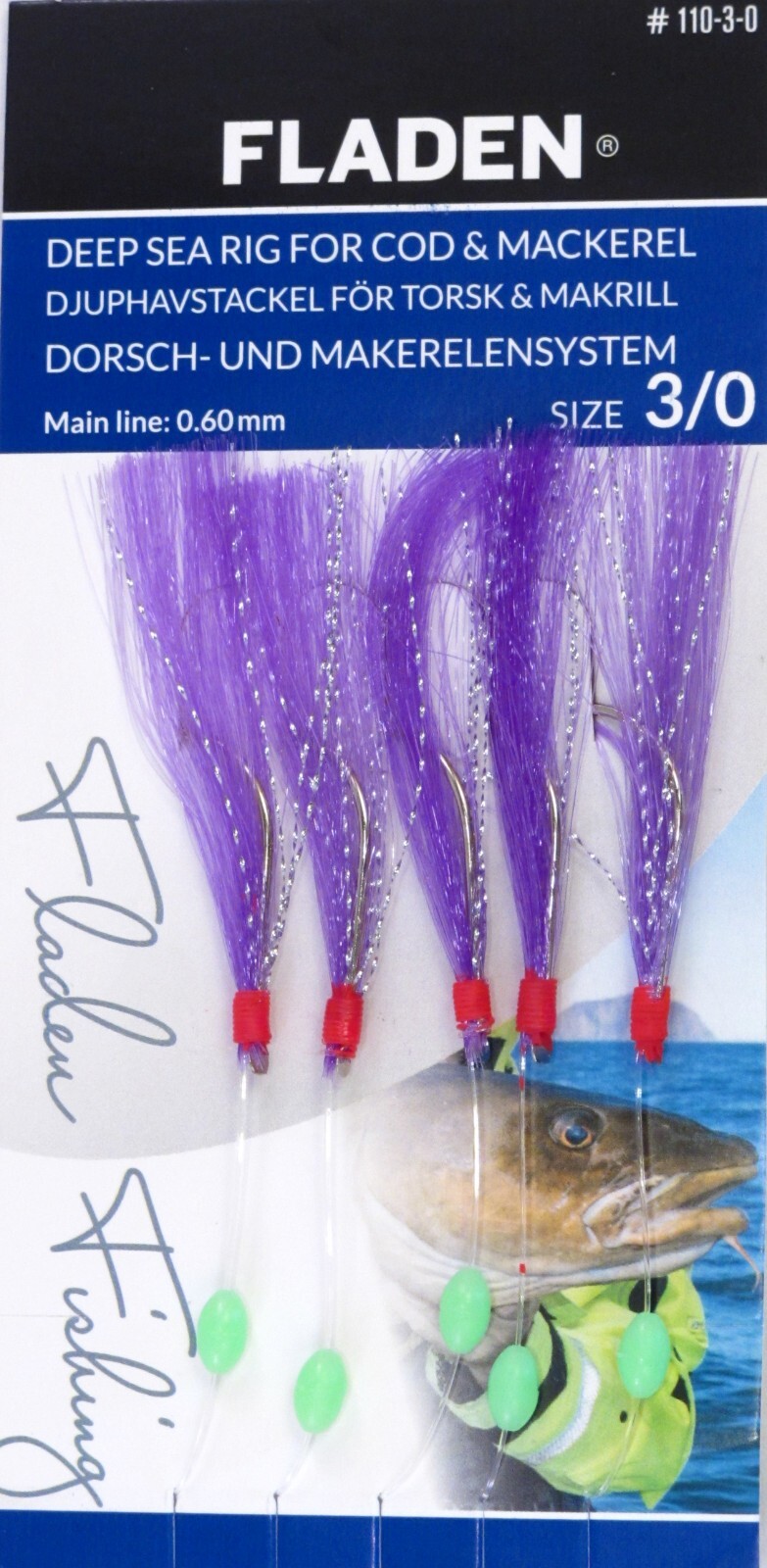 5 Fladen Blue Feather Rigs Purple 5 Hook Size 3/0 Fishing Mackerel Lures Sea