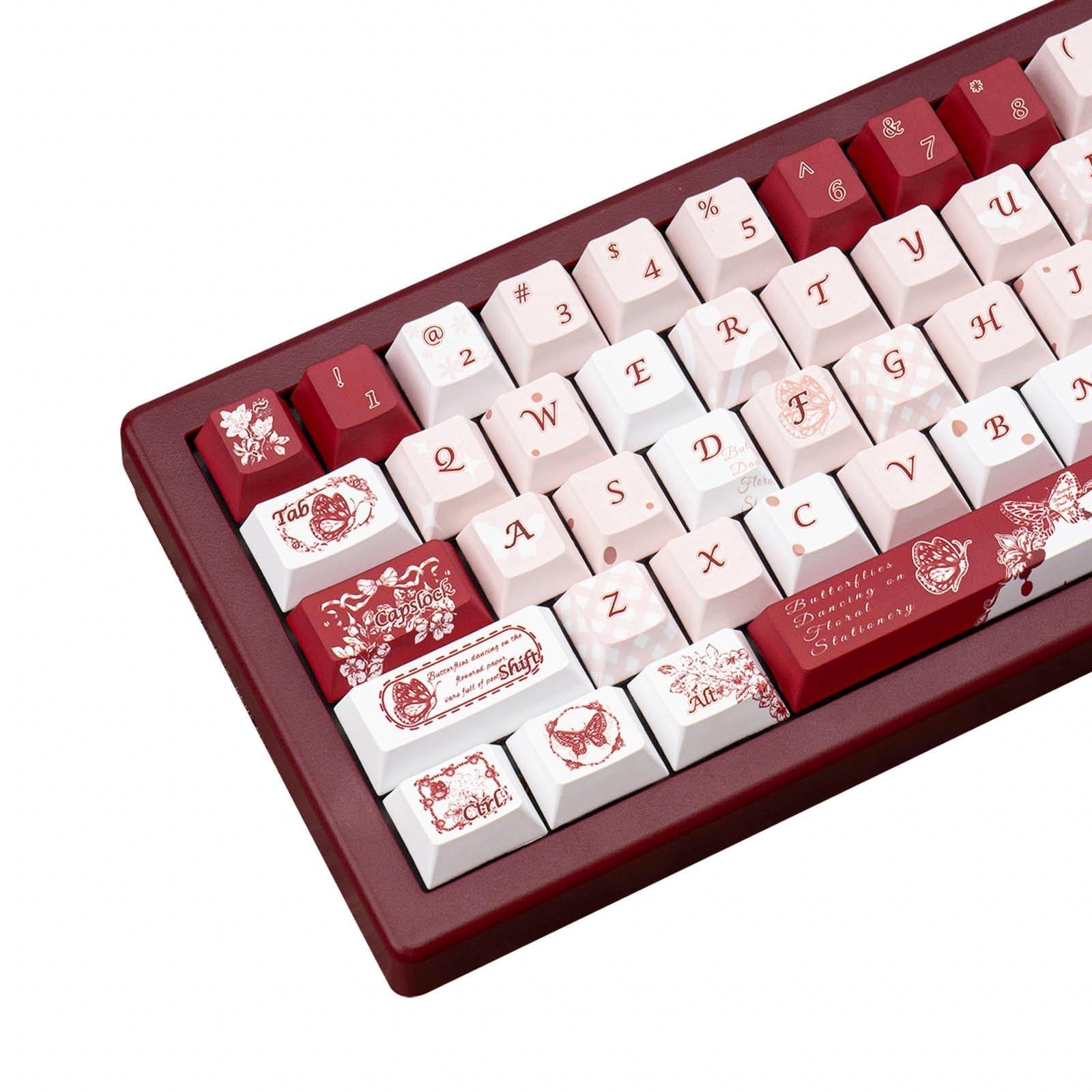Cherry Profile PBT Keycap Set, Red and White Butterfly Theme Dye Sub Key Caps...