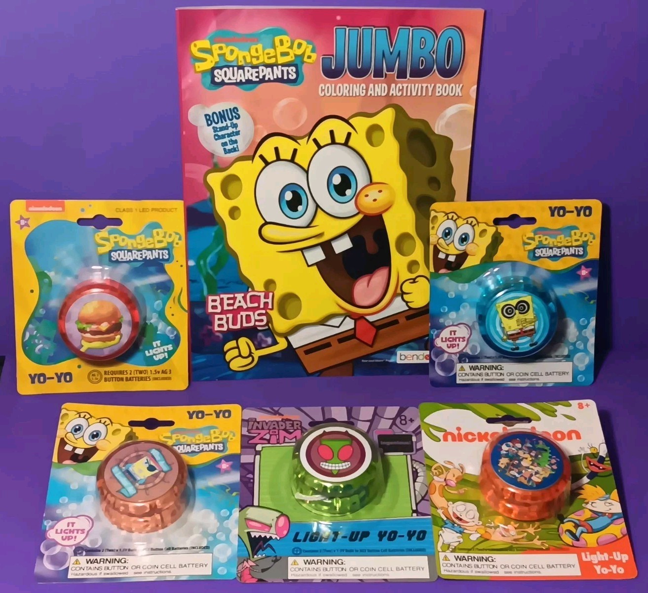 Lot of 5 Light-Up YoYos SpongeBob Invader Zim Nick Friends + Jumbo Coloring Book