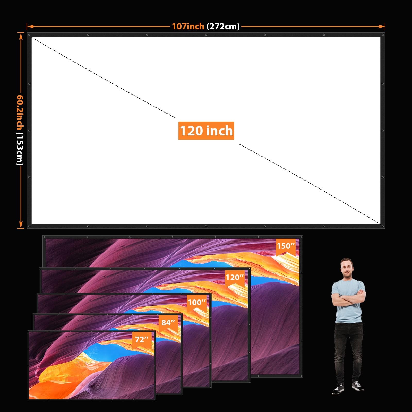 120 Inch Projector Screen with Black Backing & Portable Carry Bag