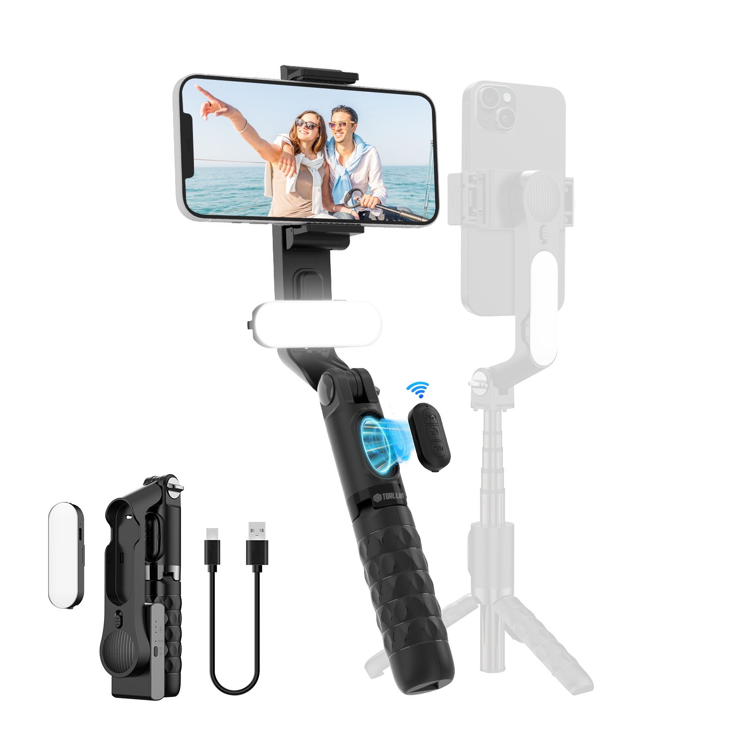 TOALLIN Mobile Phone Gimbal Stabilizer,Foldable Selfie Stick,Fill Light,w/Remote
