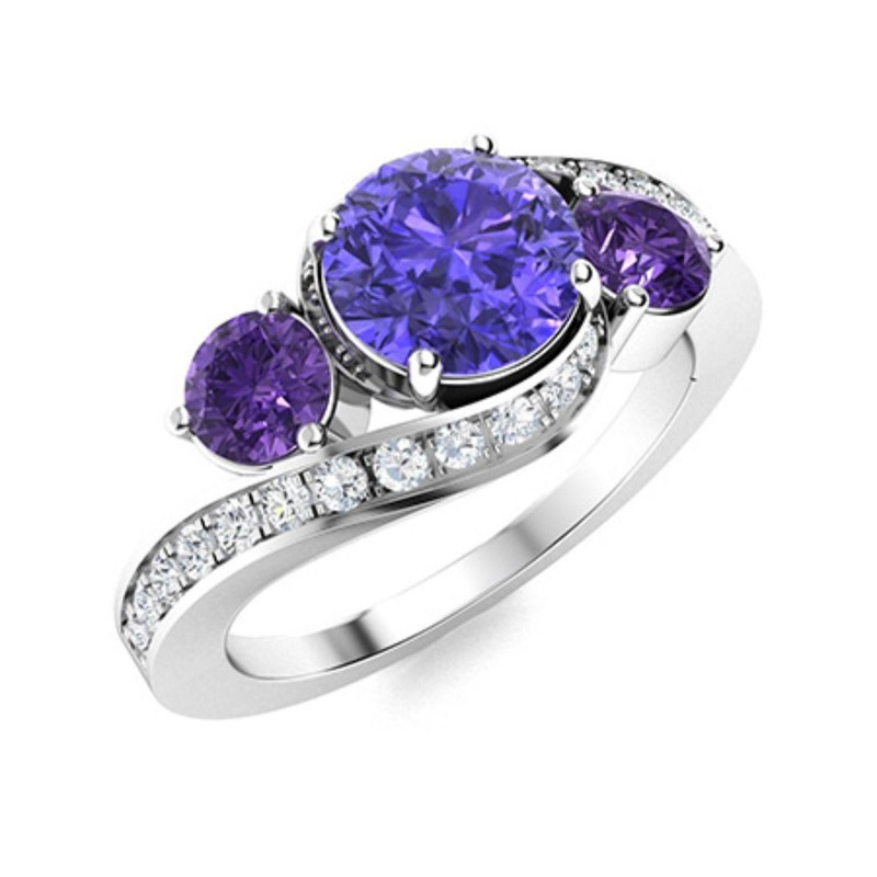 925 Sterling Silver 5MM Round Tanzanite & Amethyst Three Stone Ring For Women