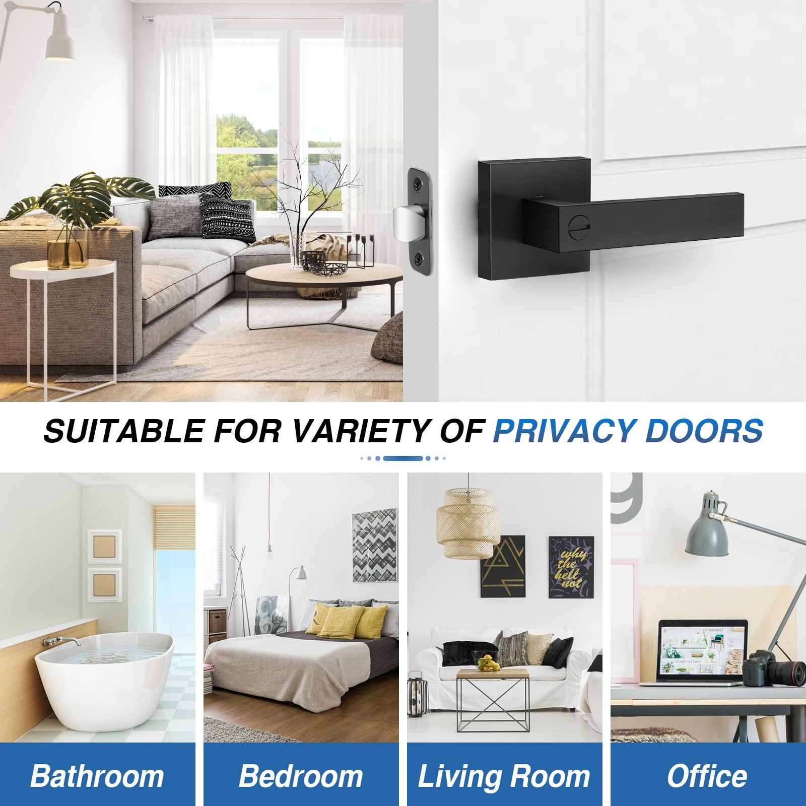 Plustool 2 Pack Matte Black Door Handles, Keyless Interior Door Knobs, Privac...
