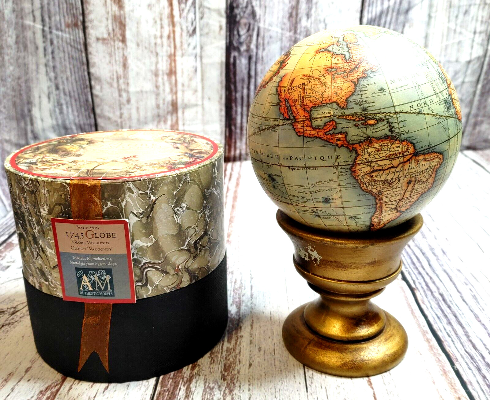 AUTHENTIC MODEL VAUGONDY 1745 WORLD GLOBE UNIVERSEL REPLICA 5 1/2" W/BOX + Stand