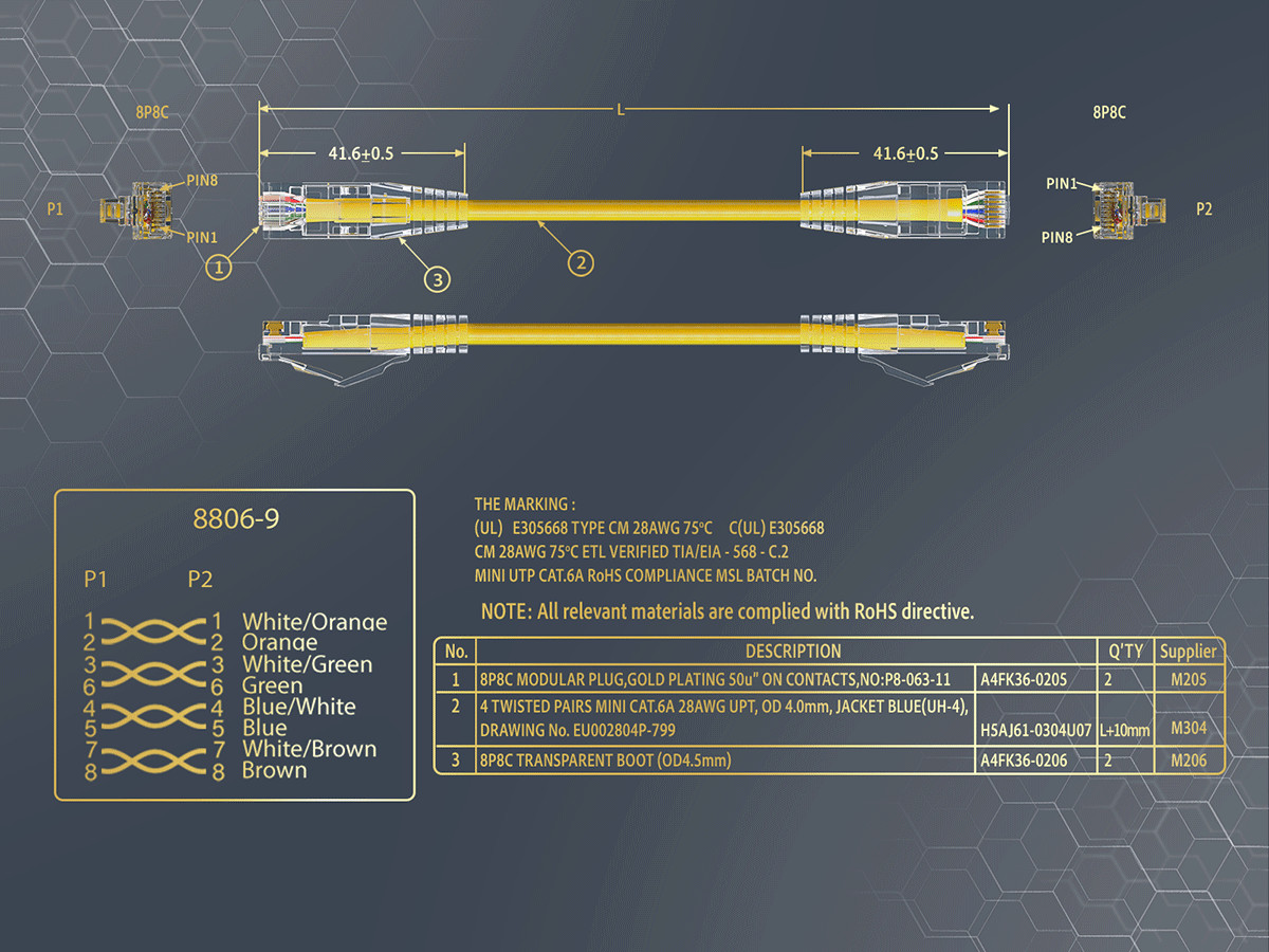25ft Slim Cat6a 28AWG UTP Ethernet Network Patch Cable, Yellow