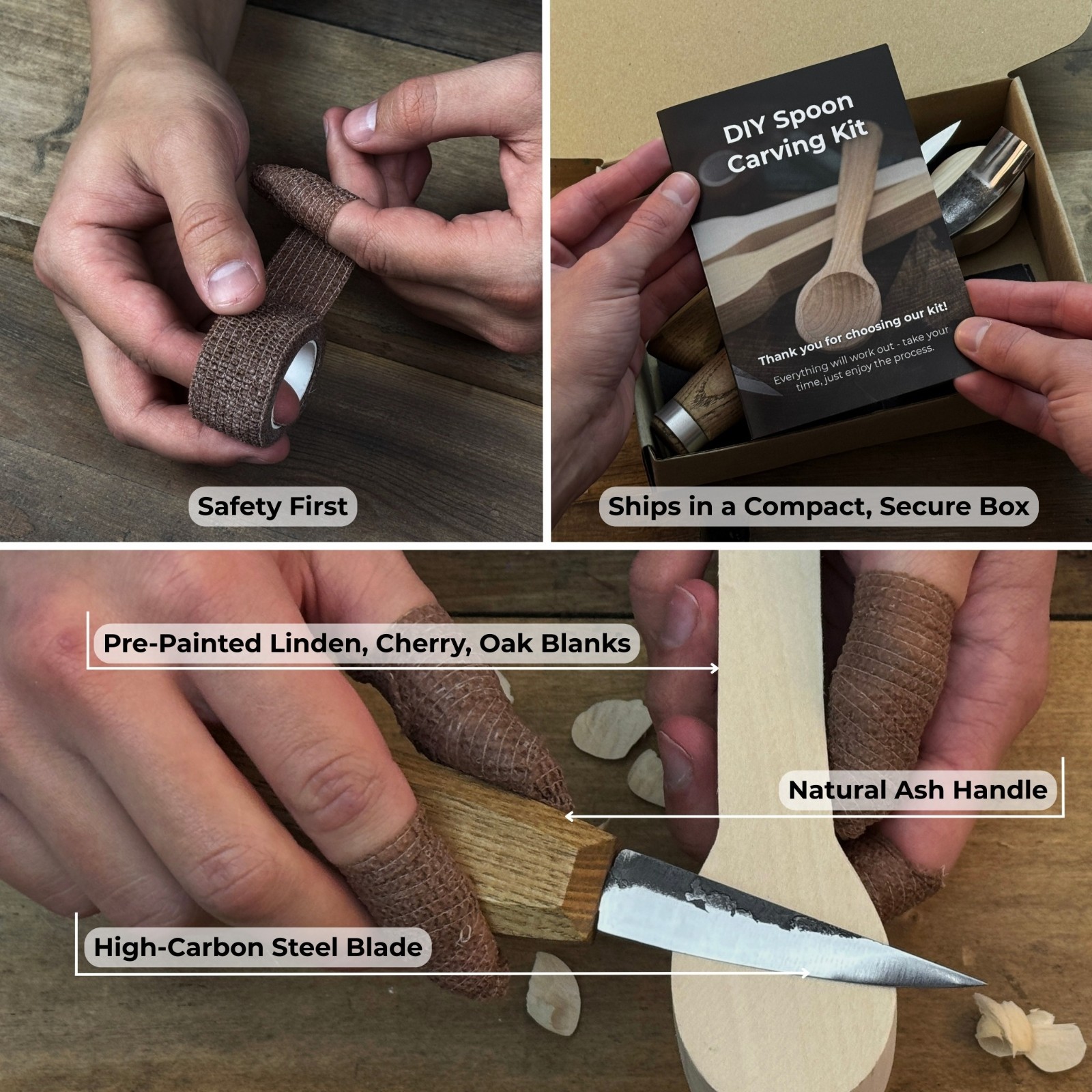 3pcs DIY Set Linden, Cherry, Oak Blank Spoon Making Carving Kit for Beginner