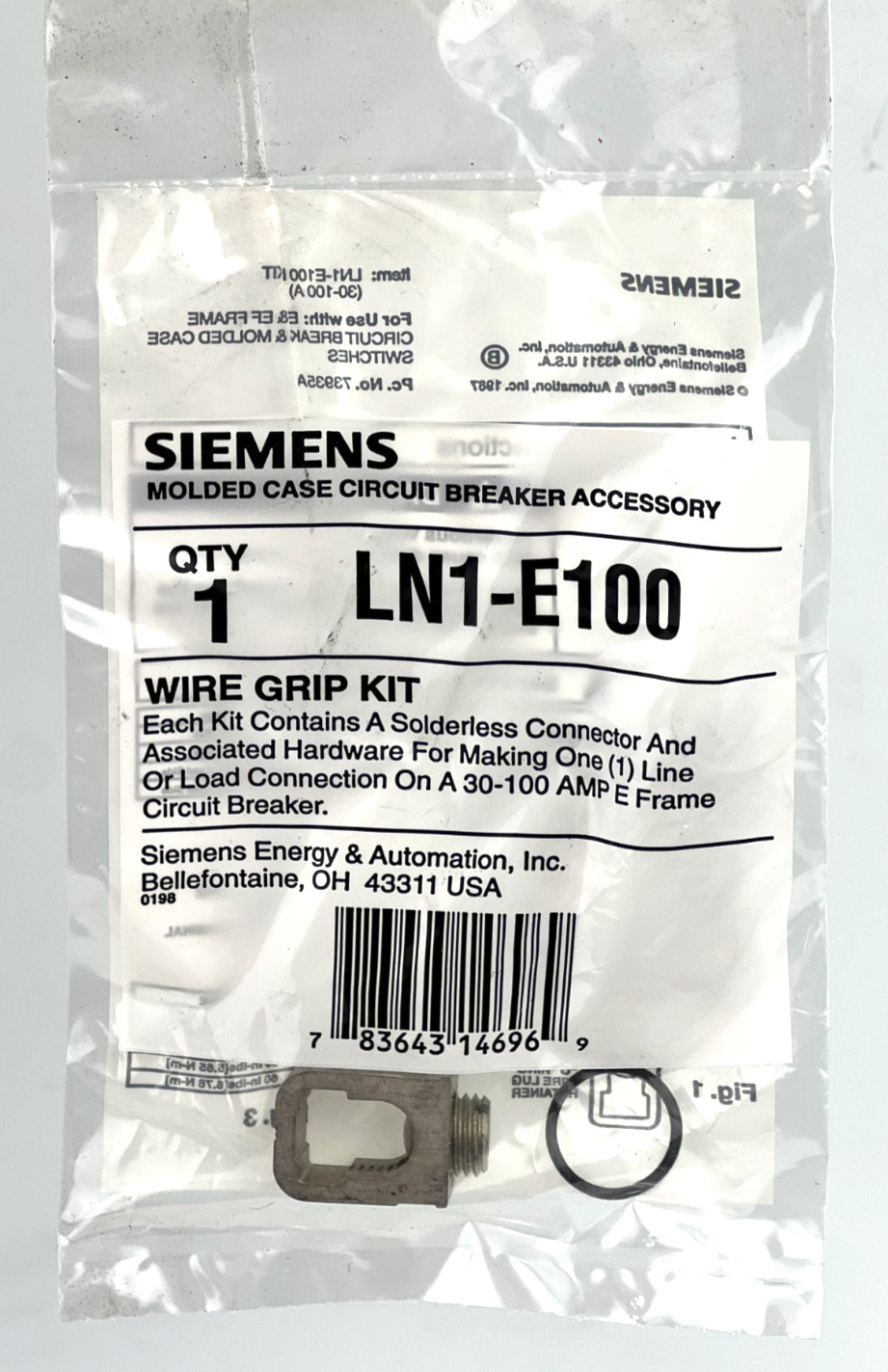 Siemens LN1-E100  Sentron Circuit Breaker Lug Terminal Kit 100 Amp E Frame — NEW