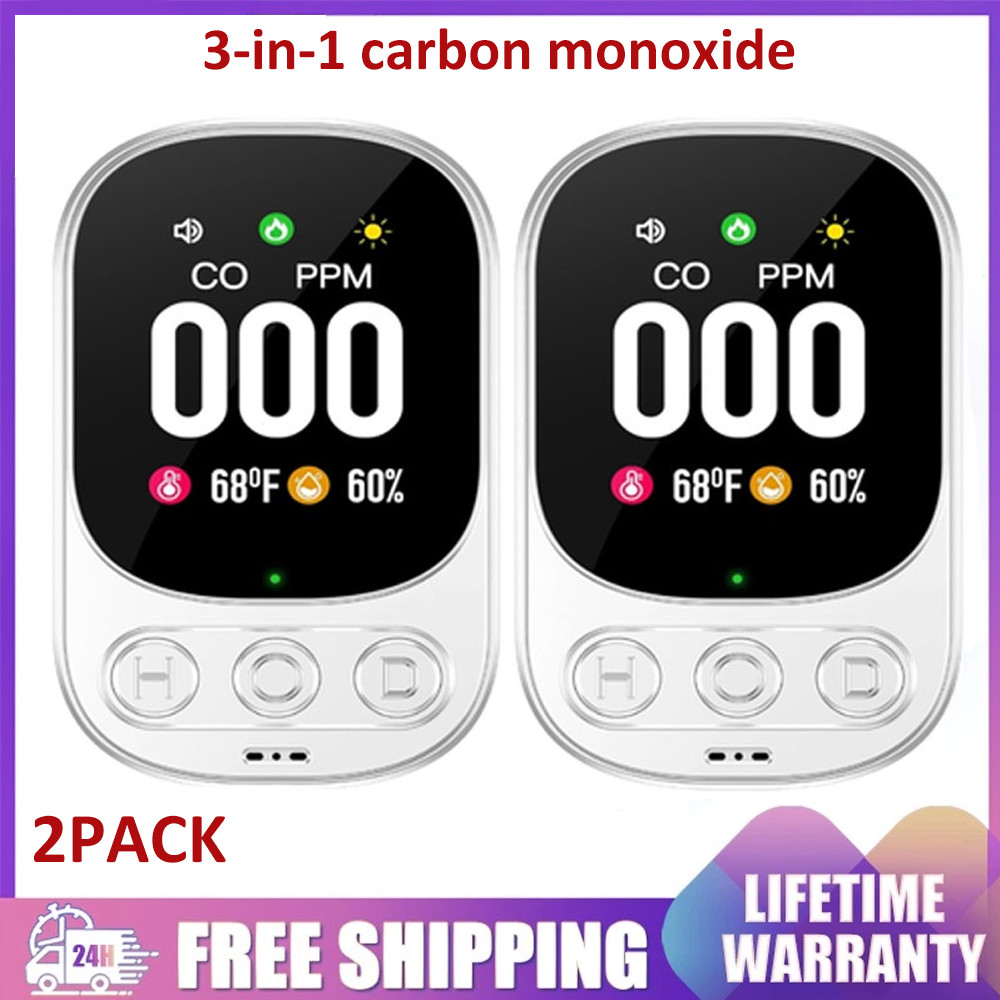 2X 3-in-1 Carbon Monoxide Detector Plug CO Level Monitor Alarm with Temp Sensor