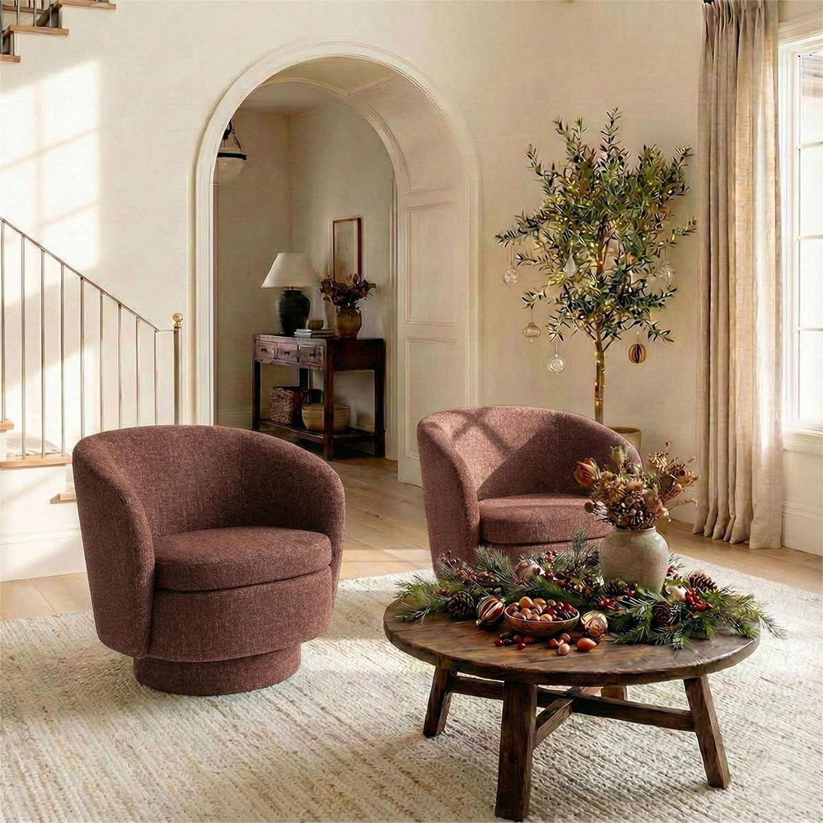 2x Barrel Accent Armchair Round Swivel Base Textured Fabric Single Sofa Chair