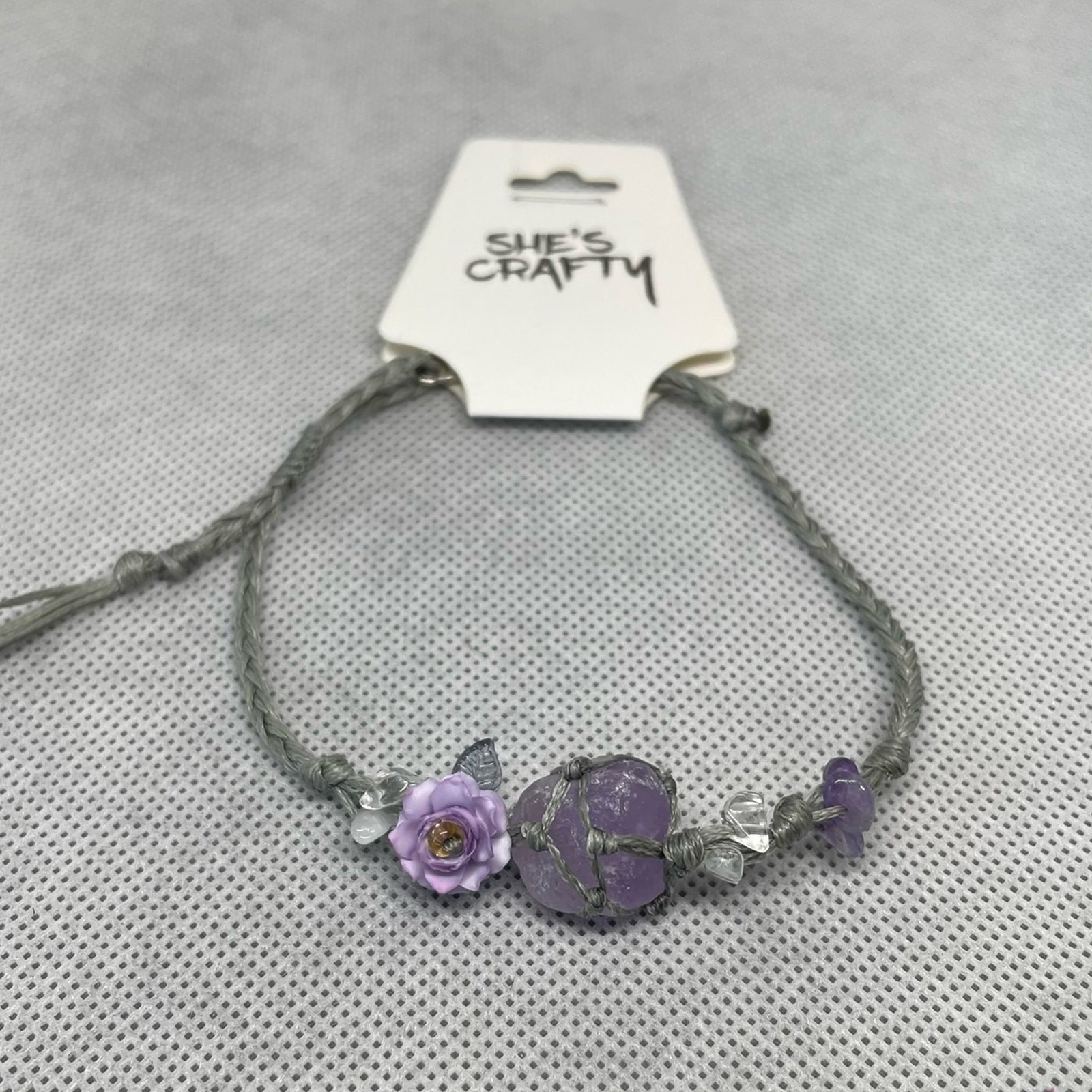 Bohemian Crystal, Floral, Waxed Linen Adjustable Bracelet