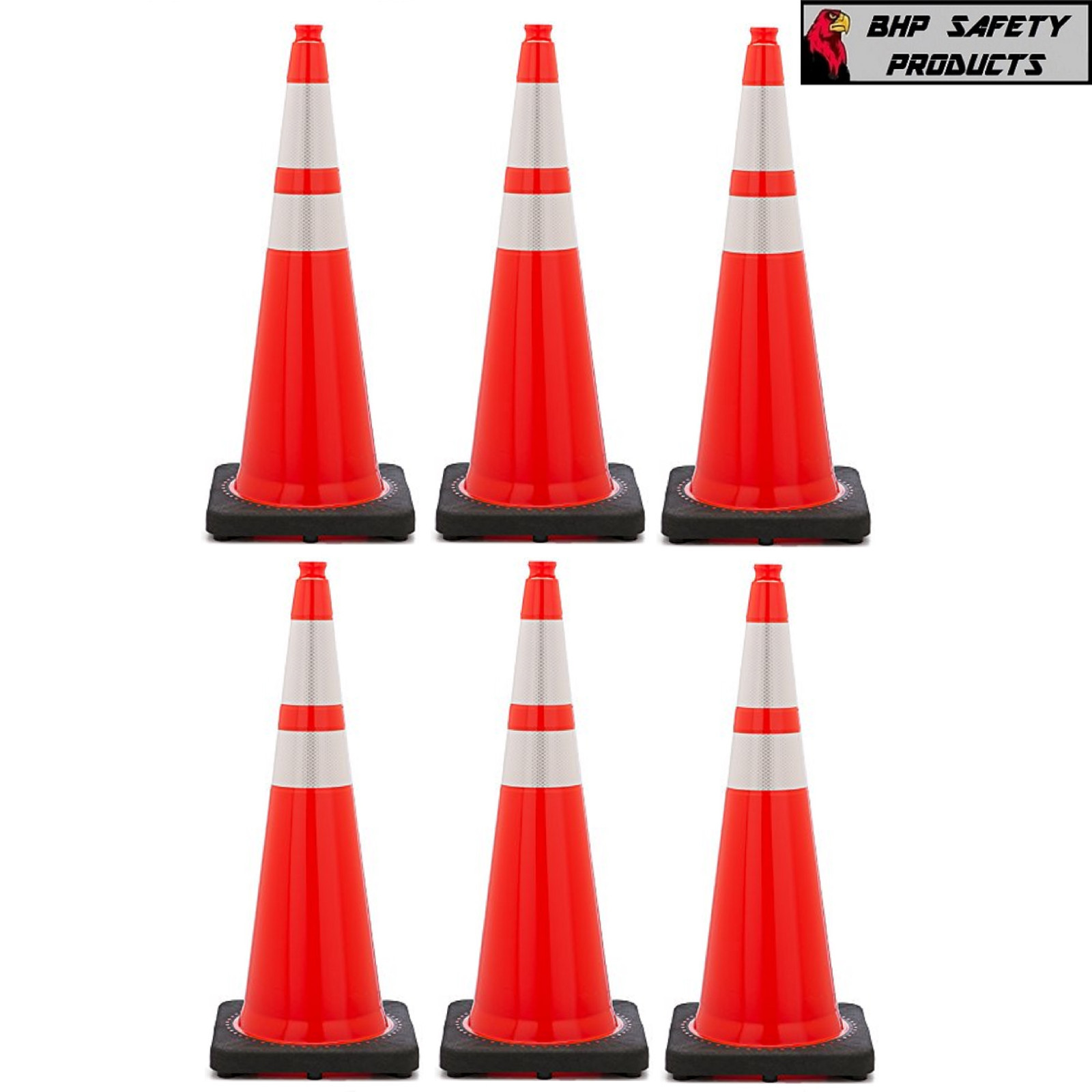 36" INCH ORANGE SAFETY TRAFFIC CONES BLACK BASE 3M RELFECTIVE COLLARS (6 PACK)