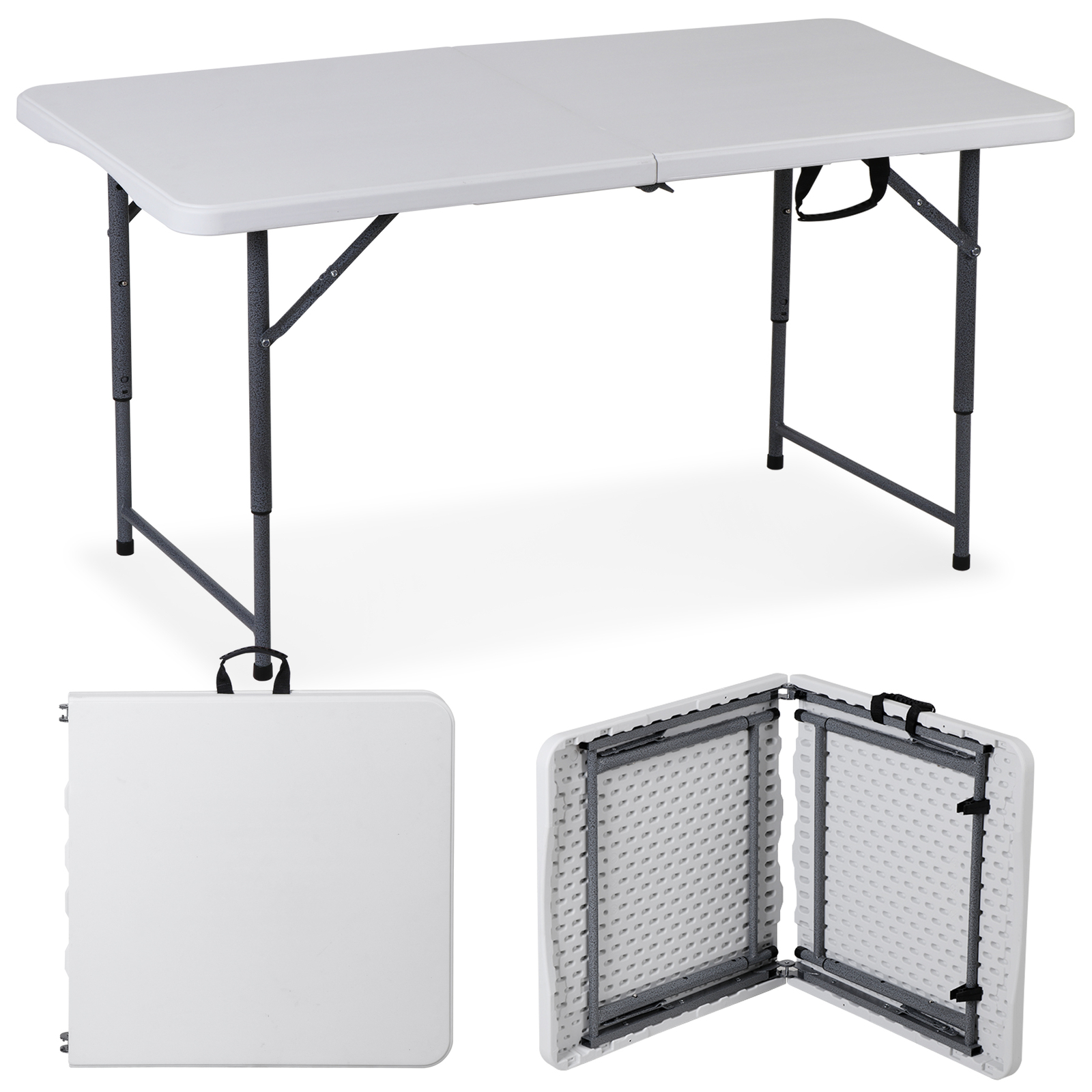 Folding Table Adjustable 4FT Plastic Table Picnic Camping w/Carry Handle White